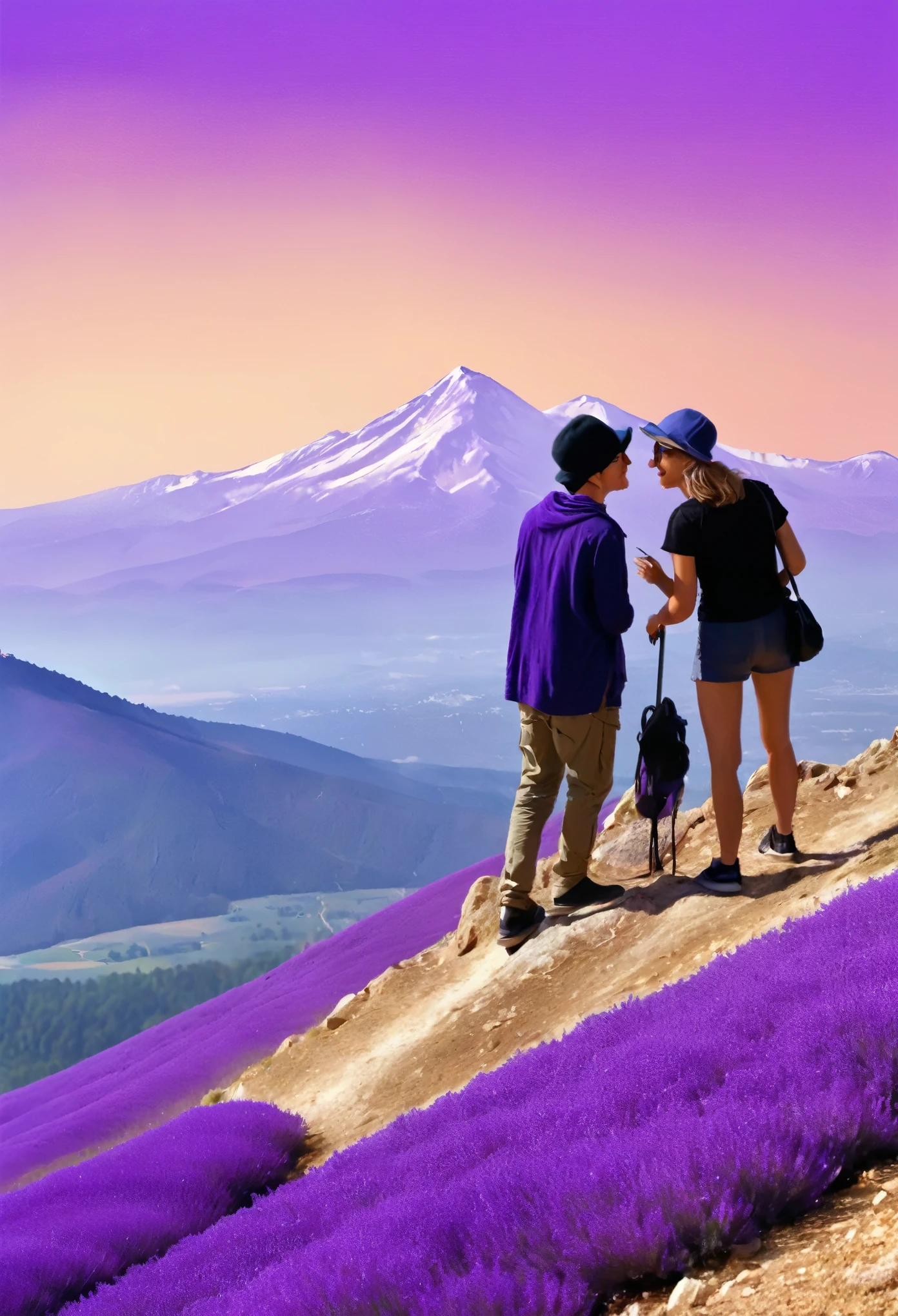 a peaceful conversation on a lavender mountain,2 people talking on a mountain,two people talking on a majestic purple mountain,detailed portrait of two friends enjoying the view on a purple mountain,serene conversation of two people on a lavender mountain, high quality detailed painting of two people talking on a purple mountain, photorealistic digital art of two friends chatting on a lavender mountain, beautiful landscape painting of two people talking on a purple mountain, highly detailed digital illustration of two people in discussion on a lavender mountain, stunning photorealistic scene of two individuals conversing on a purple mountain