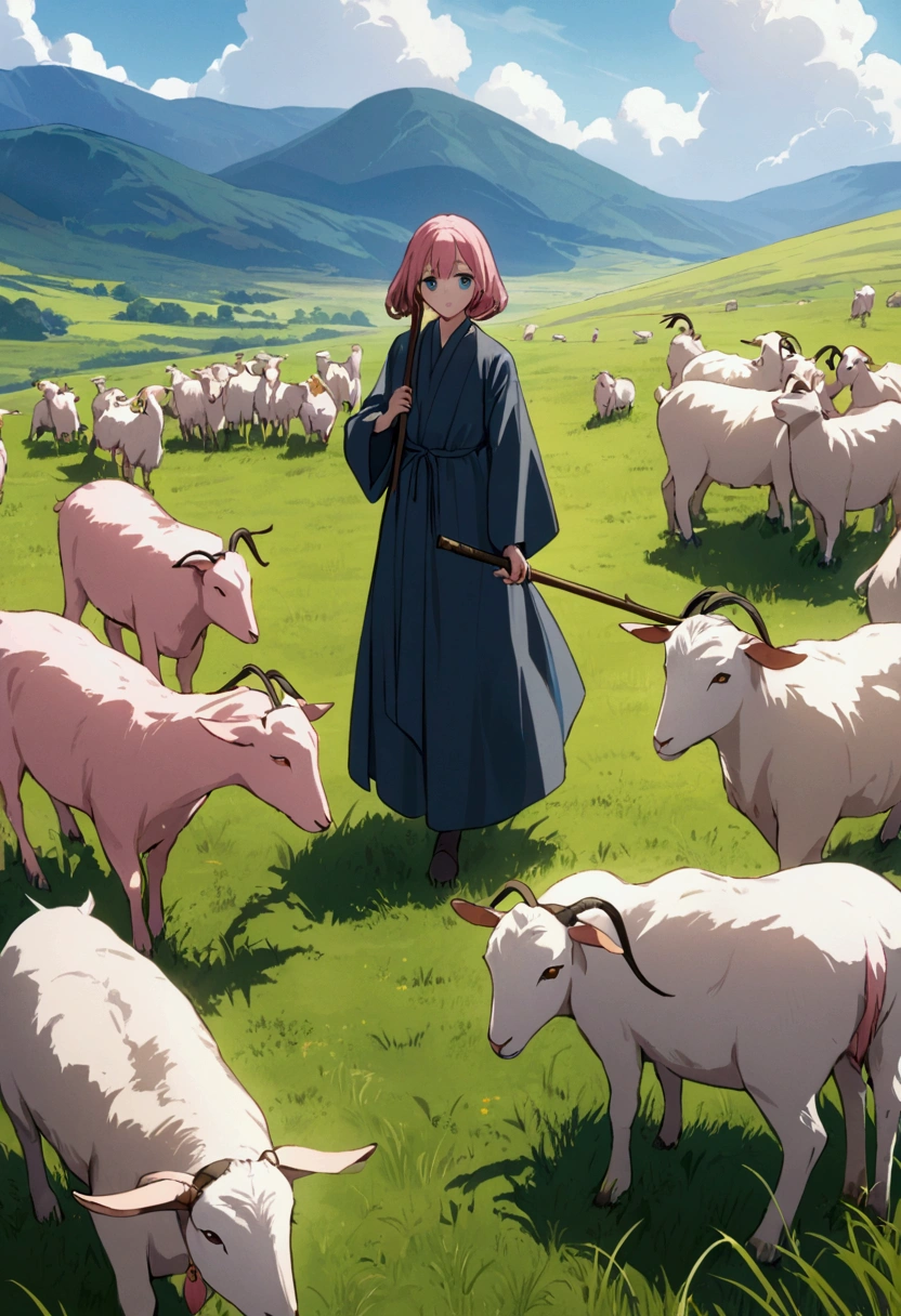 Flock of goats、grassland、One pink haired girl、smali、Robe、Cane、blue eyes、Twin Drill、A scene from a movie