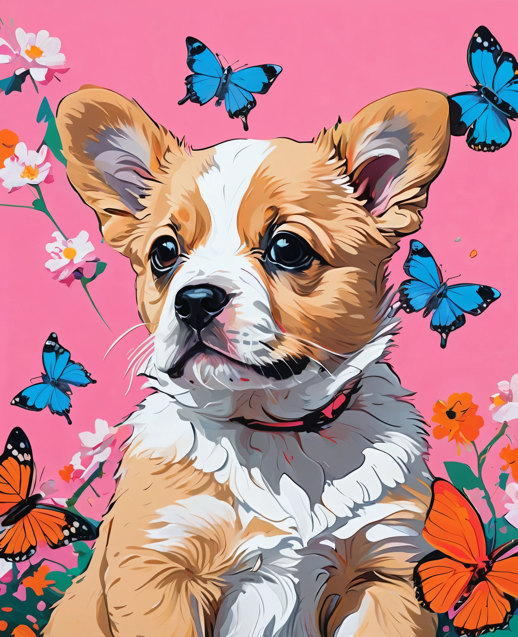 Graffiti, scribble, Comics by Petra Cortright, best quality, masterpiece, puppy surrounded with butterflies artwork, Representative work, official art, Professional, Ultra intricate detailed, 8k, puppy art, multicoloured background