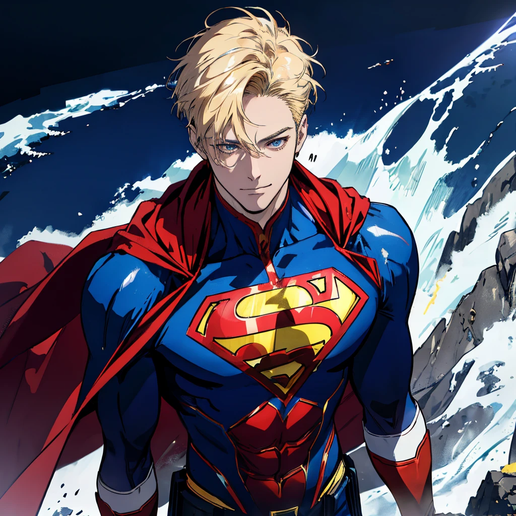 (((professional. highly detailed. HD. UHD. HDR. 16K. very high quality. clean. realistic anime. hyper realistic.))), American 38 years old uncle, solo, (toned body, smirk) , hand on hip, looking to at the viewer, (businessman haircut:1.2) , short hair (blonde hair), deep Blue eyes, smirk, Caucasian, he wear a advanced superman suit in dark blue , long red cape, cowboy shot, modern style, (white background)