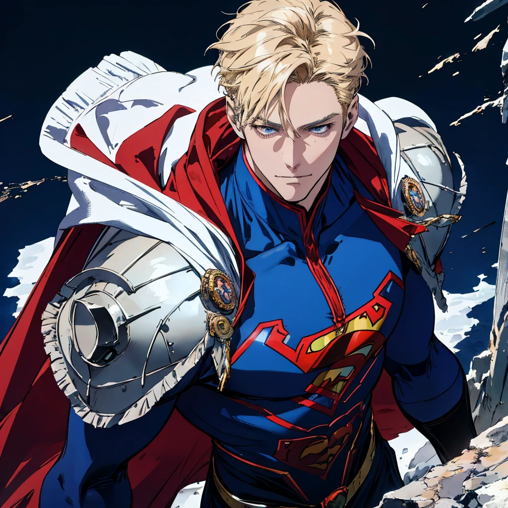 (((professional. highly detailed. HD. UHD. HDR. 16K. very high quality. clean. realistic anime. hyper realistic.))), American 38 years old uncle, solo, (toned body, smirk) , hand on hip, looking to at the viewer, (businessman haircut:1.2) , short hair (blonde hair), deep Blue eyes, smirk, Caucasian, he wear a advanced superman suit in dark blue , long red cape, cowboy shot, modern style, (white background)