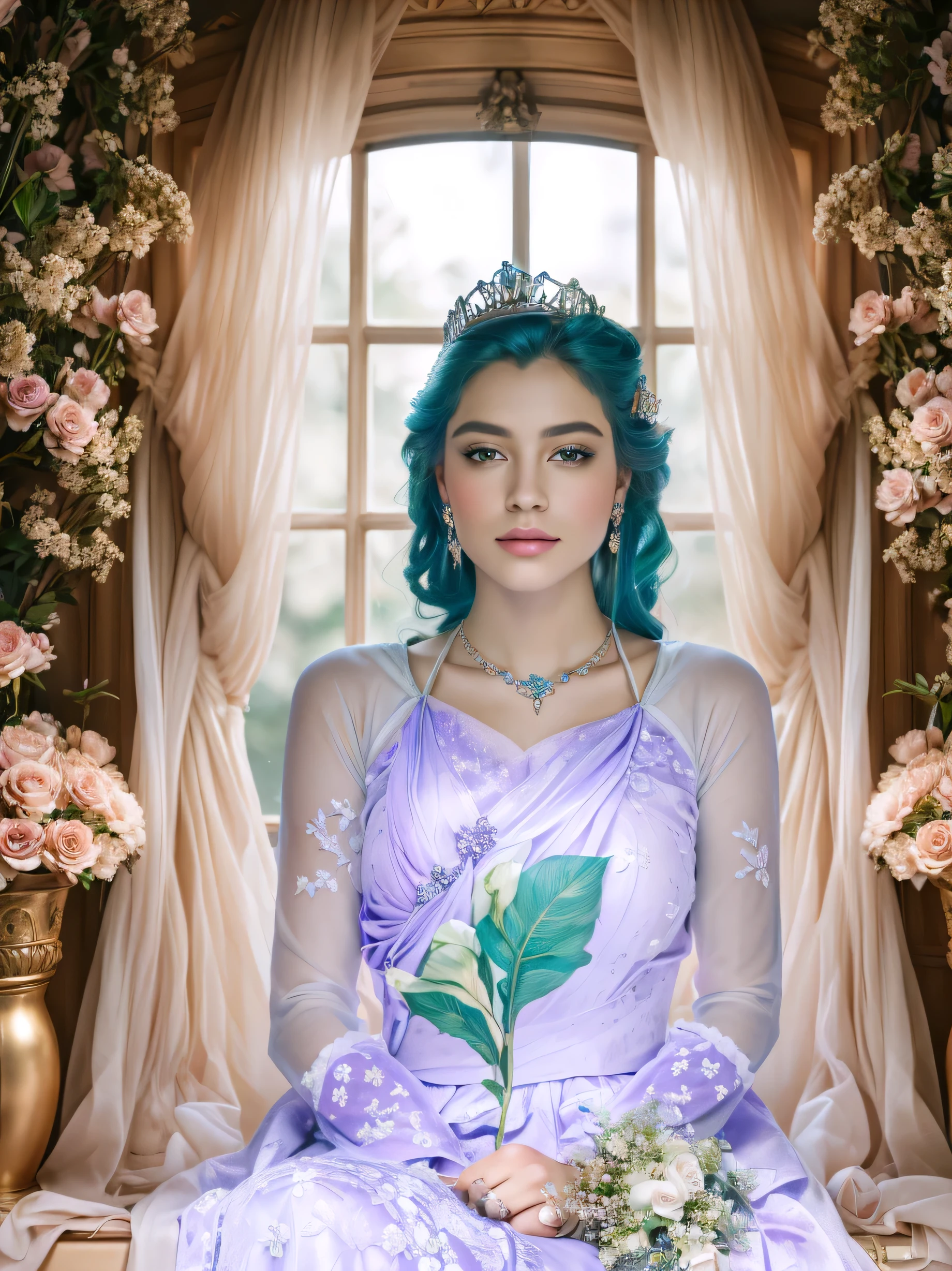 There is a woman sitting on a window sill with a flower in her hand, princess portrait, inspired by reyna rochin, princess portrait, princess portrait de hadas, Portrait of a princess, matte painting portrait, beautiful female princess, portrait 4 / 3, Beautiful Princess, flower queen, color portrait, Goddess of flowers, flower queen, portrait of the queen of dreams 8k