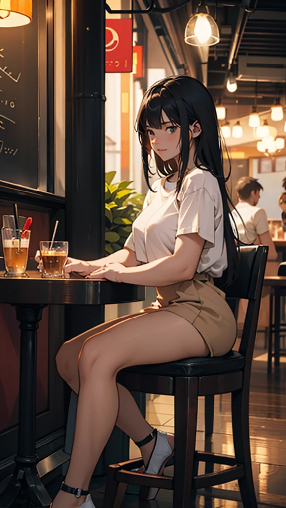 A young couple is sitting inside a cafe. The girl is wearing short clothes with, big hips,  Colorful lights are burning in the cafe. Moody color, Sharpness 