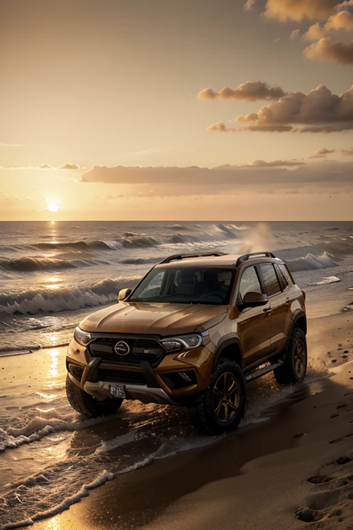 A stunning sunset over a beach with a 4X4 vehicle at the water's edge, 4K resolution, high-definition, realistic, photorealistic, vibrant colors, dramatic lighting, cinematic, dynamic composition, detailed environment, sand, waves, sky, clouds, detailed 4X4 vehicle, deep shadows, warm tones, golden hour