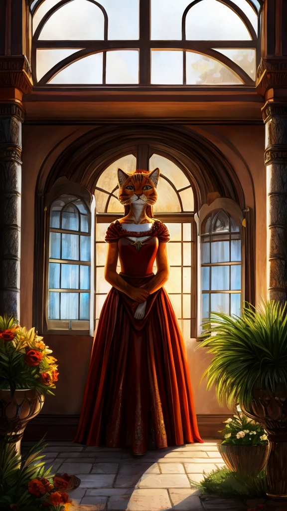 An orange feline with black stripes and a very big red princess dress looks sad in the window of a huge house