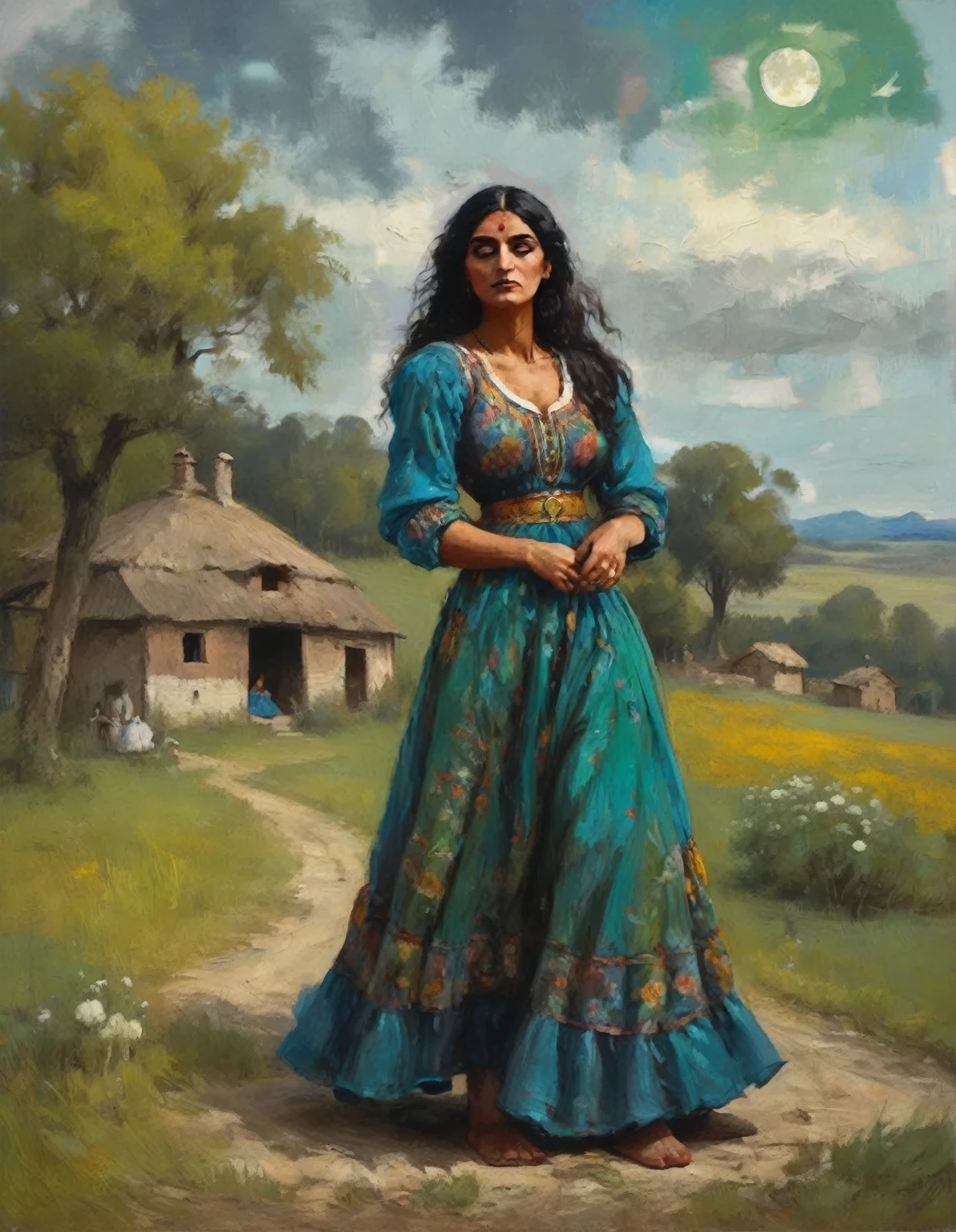centered oil painting with panoramic view of a night landscape, full moon night, with a rustic house in the background, full length of a beautiful gypsy girl in a blue dress and (((green dark))) (4:8), acentuade collors, walking in front of a house, Night sky with full moon, night shadows,Magnificent oil painting, Art station style, fantasy art style by Abigail Larson, high détail, 8k, mid-journey style