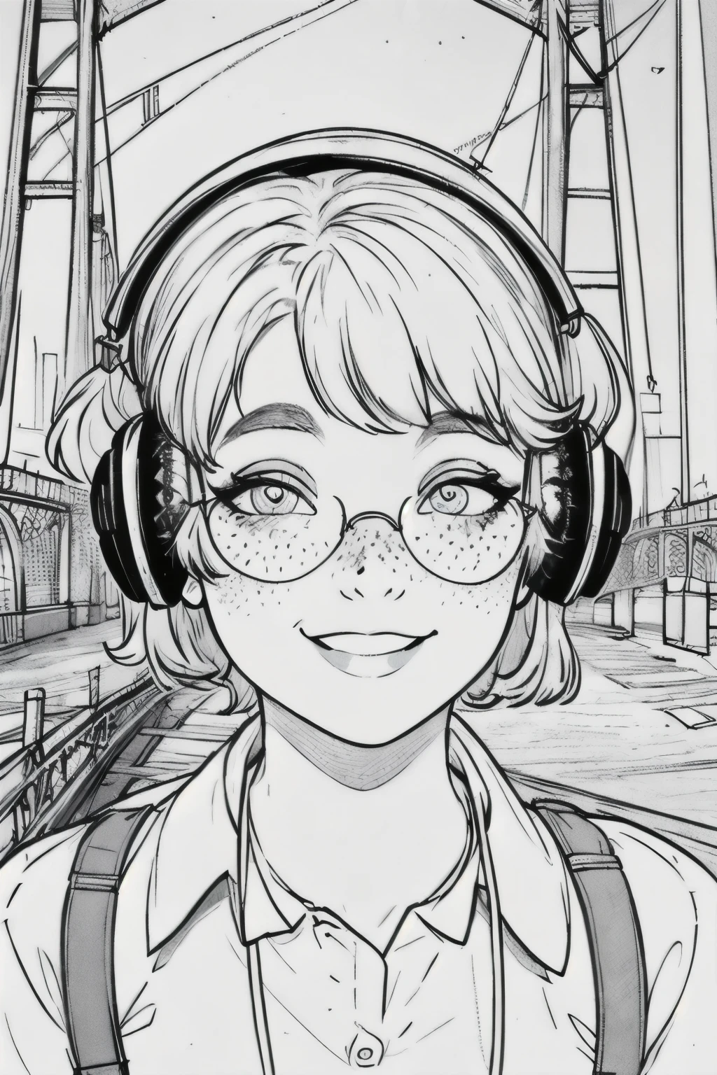 1 girl, close up face, freckles on the bridge of the nose and cheeks, colored sunglasses, smiling, gloss colorido, big thick headphones, very messy short hair