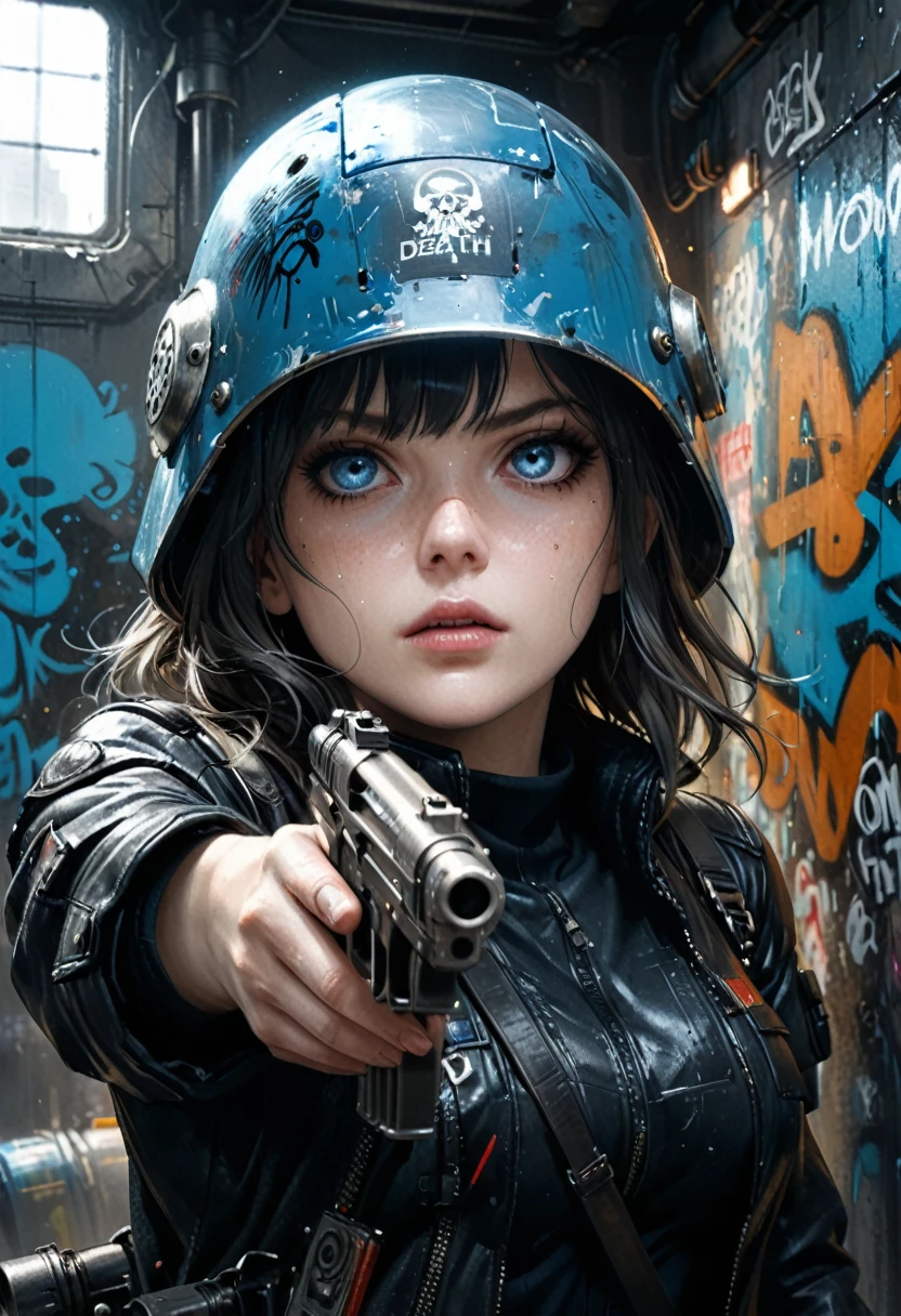 A detailed, beautiful girl in the style of Ashley Wood, with glowing steel-blue eyes, textured skin, wearing a black leather coat, a death mask, and a graffiti helmet, holding a modified heavy firearm, aiming with intent, (best quality,4k,8k,highres,masterpiece:1.2),ultra-detailed,(realistic,photorealistic,photo-realistic:1.37),portraits,sci-fi,concept artists,cinematic lighting,dramatic colors,moody,dark,gritty