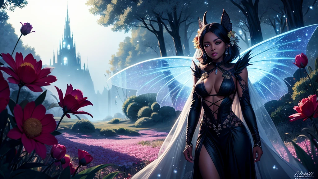 "1 beautiful black fairy woman with African ethnicity. A stunning, ethereal depiction of a mesmerizing Flower Fairy in a fantasy realm. The fairy has delicate wings and is adorned in vibrant floral attire., radiating an unearthly glow. doggystile, surreal, TESO, Panas, highy detailed, Spitz, proffesional, 8k hd, twilight, film, tenebrosa, violent, plein-air, Riu, buttler, chase, Dramatic, vivid, Clima TESO, rendered, epic, twilight, nffsw, Tiered, snowstorm, lightning, disaster