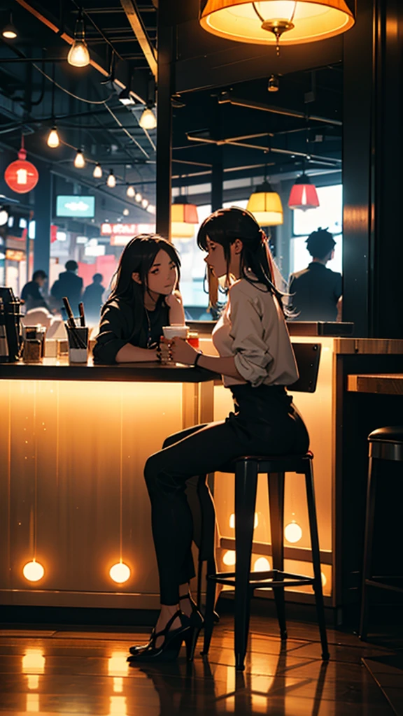 A young couple is sitting inside a cafe. The girl is wearing short clothes with, big hips, Colorful lights are burning in the cafe. Moody color, Sharpness