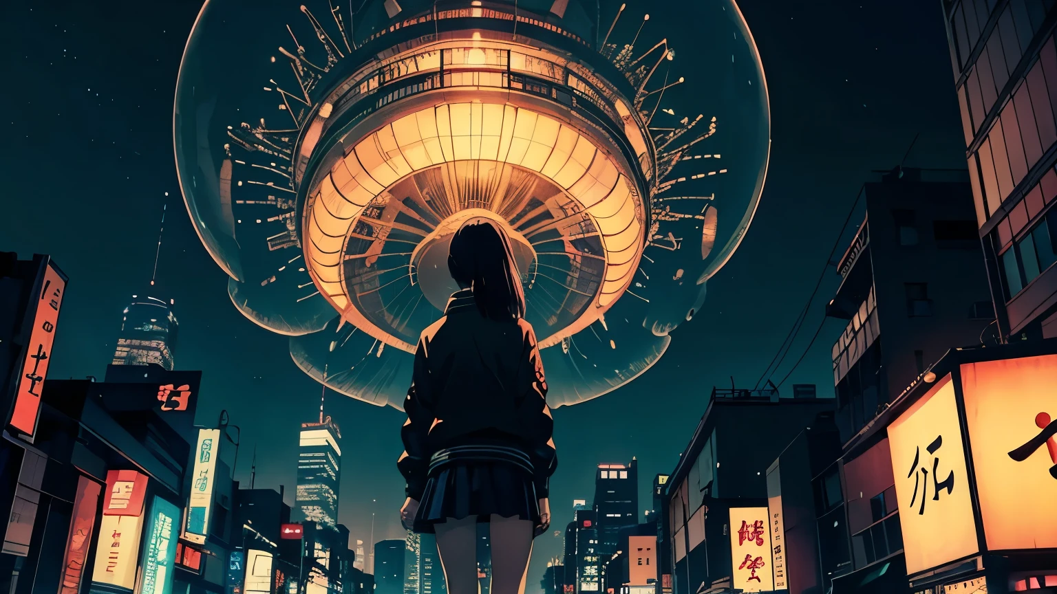Yoshitaka Amano, Katsuhiro Otomo, Keiko Takemiya, Surreal, mysterious, strange, Fantasy, Fantasy, sf, Japanese anime, Night view of Shinjuku, skyscraper, Neon Signs, Giant jellyfish floating in the sky, Beautiful high school girl in a mini skirt looking up at jellyfish from the ground, Perfect voluminous body, Bird's Eye View, Detailed masterpiece depth of field cinematic lighting,white hair