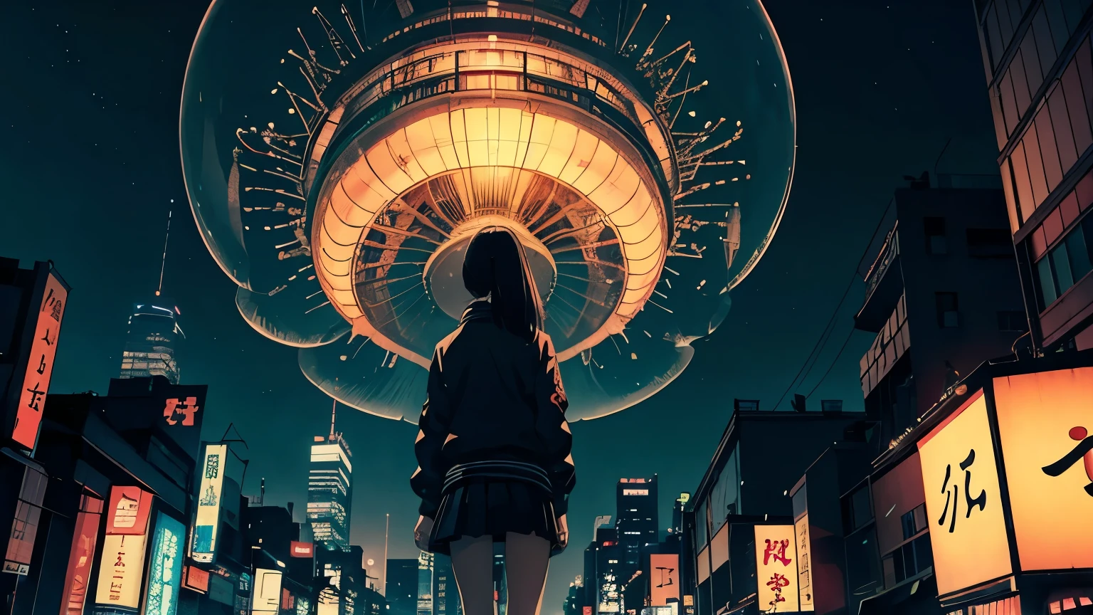 Yoshitaka Amano, Katsuhiro Otomo, Keiko Takemiya, Surreal, mysterious, strange, Fantasy, Fantasy, sf, Japanese anime, Night view of Shinjuku, skyscraper, Neon Signs, Giant jellyfish floating in the sky, Beautiful high school girl in a mini skirt looking up at jellyfish from the ground, Perfect voluminous body, Bird's Eye View, Detailed masterpiece depth of field cinematic lighting,white hair