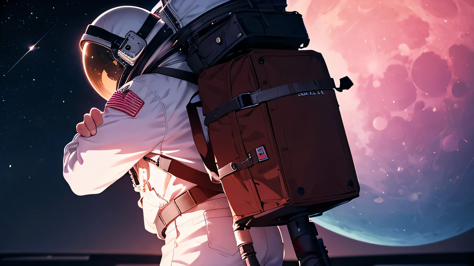 astronaut with his back looking at the pink moon