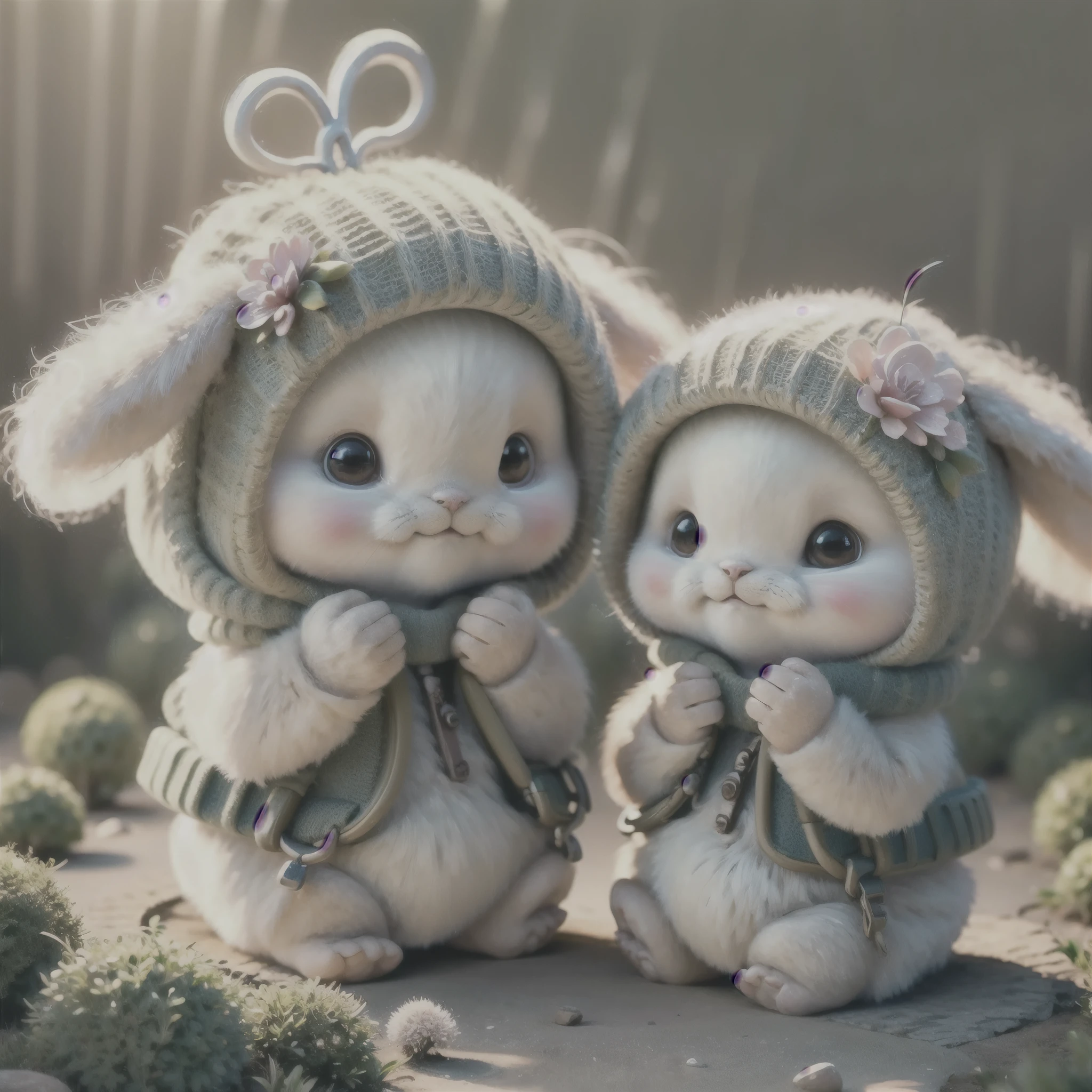 holding camera, tree_stump, flowers, adorable , fluffy, photorealistic, soft lighting,