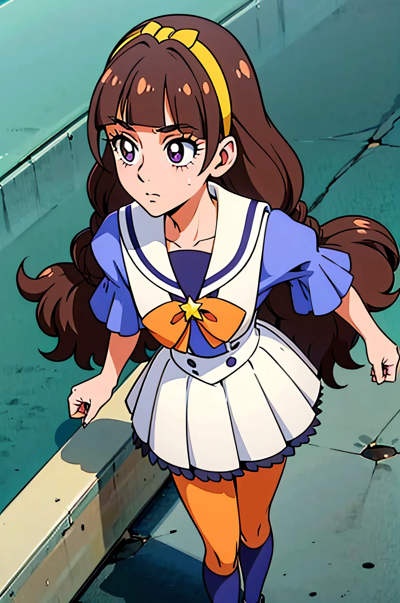 1 girl,(solo), ((amanogawaki)), (masterpiece:1.2), (high quality:1.0),looking above, (Blue and White Uniform), (ultra detailed), (Front View), (expressionless face), Brat, Adolescent, (Yellow Headband), (Orange Ribbon), From Above, White Uniform Skirt, Blue Knee Socks, Black Shoes