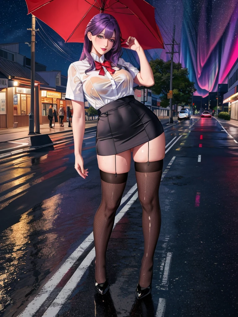 office lady, high resolution, Masterpiece, Anatomically correct, Highly detailed, realistic textures, blushing, dark purple hair, , big breasts, BIG ASS, purple eyes, woman is salking on street, night sky, aurora backgroung, white shirt, short skirt, full body, Embarrassed, serious, Sparkling eyes, Contemptuous look, red lips, Big eyes, secretary uniform, sexy lady, rain, shadow on the road, lion on electricity post, Wet shirt, diamond eyes, wear black stocking, Embarrassed, A thin smile., looking at the audience, with a catเลียปาก, long hair, I put my hair behind one ear., long hair