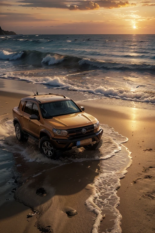 A stunning sunset over a beach with a 4X4 vehicle at the water's edge, 4K resolution, high-definition, realistic, photorealistic, vibrant colors, dramatic lighting, cinematic, dynamic composition, detailed environment, sand, waves, sky, clouds, detailed 4X4 vehicle, deep shadows, warm tones, golden hour