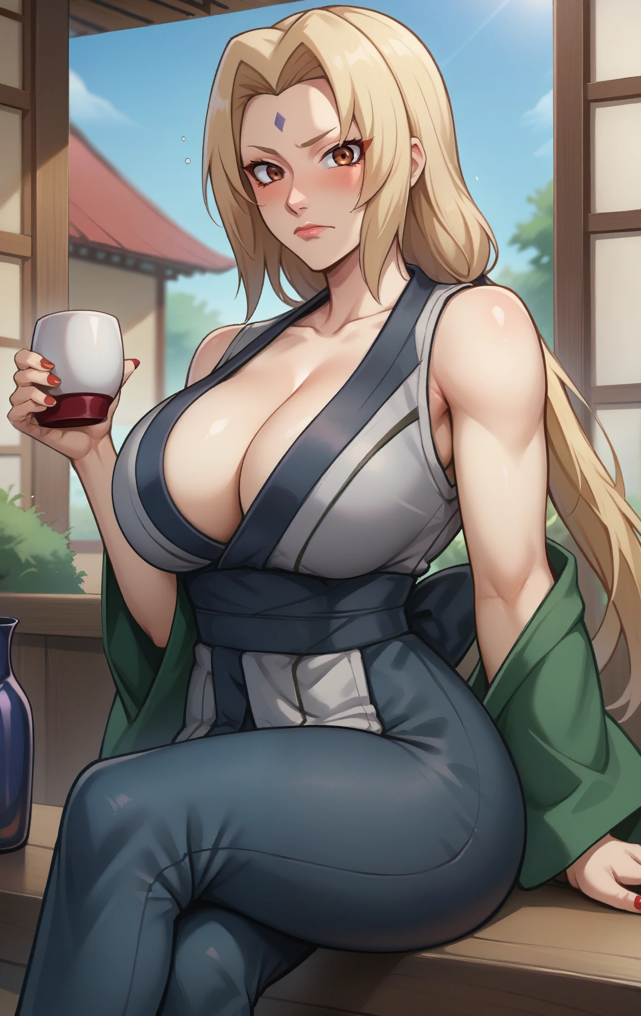 score_9, score_8_up, score_7_up, score_9, source_anime, BREAK   TsunadeSDXL, 1girl, solo, long hair, breasts, looking at viewer, blush, blonde hair, holding, super thin waist, cleavage, bare shoulders, brown eyes, sitting, closed mouth, collarbone, thighs, outdoors, japanese clothes, sleeveless, pants, kimono, nail polish, blurry, huge breasts, cup, sash, blurry background, arm support, facial mark, black pants, crossed legs, bottle, red nails, alcohol, mature female, forehead mark, drunk, short kimono, sake, sake bottle, tokkuri, grey kimono, tsunade (naruto)