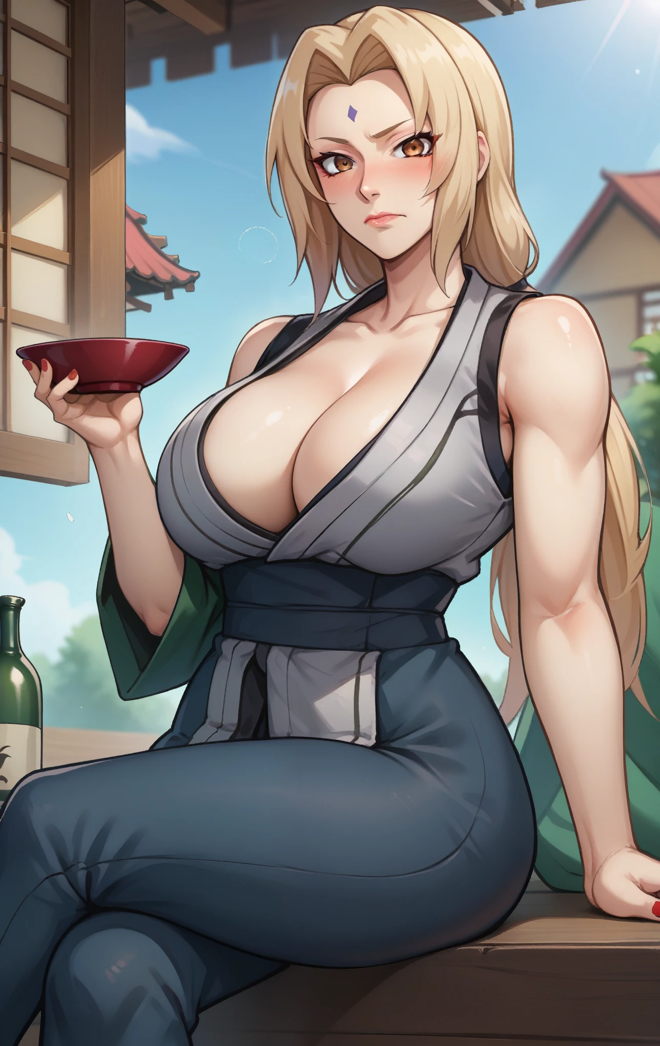 score_9, score_8_up, score_7_up, score_9, source_anime, BREAK TsunadeSDXL, 1girl, solo, long hair, breasts, looking at viewer, blush, blonde hair, holding, super thin waist, cleavage, bare shoulders, brown eyes, sitting, closed mouth, collarbone, thighs, outdoors, japanese clothes, sleeveless, pants, kimono, nail polish, blurry, huge breasts, cup, sash, blurry background, arm support, facial mark, black pants, crossed legs, bottle, red nails, alcohol, mature female, forehead mark, drunk, short kimono, sake, sake bottle, tokkuri, grey kimono, tsunade (naruto)