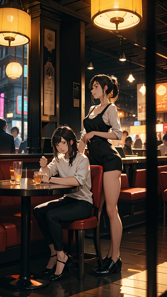 A young couple is sitting inside a cafe. The girl is wearing short clothes with, big hips,  Colorful lights are burning in the cafe. Moody color, Sharpness 