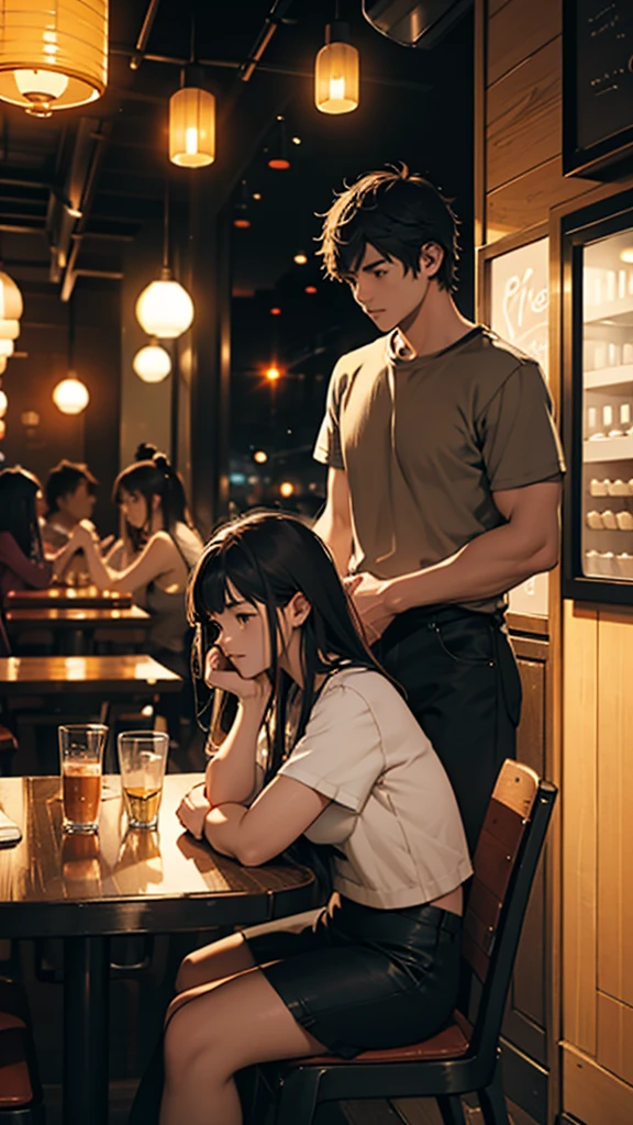 A young couple is sitting inside a cafe. The girl is wearing short clothes with, big hips,  Colorful lights are burning in the cafe. Moody color, Sharpness 