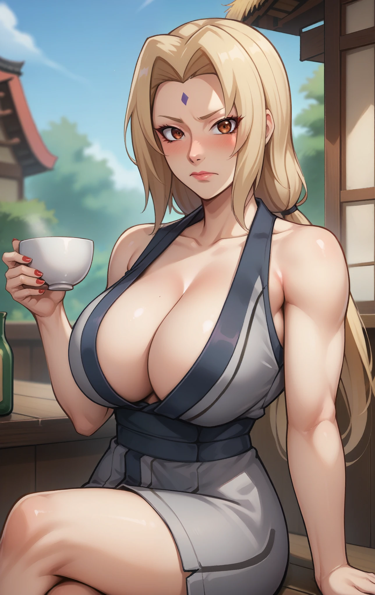 score_9, score_8_up, score_7_up, score_9, source_anime, BREAK   TsunadeSDXL, 1girl, solo, long hair, breasts, looking at viewer, blush, blonde hair, holding, super thin waist, cleavage, bare shoulders, brown eyes, sitting, closed mouth, collarbone, thighs, outdoors, japanese clothes, sleeveless, pants, kimono, nail polish, blurry, huge breasts, cup, sash, blurry background, arm support, facial mark, black pants, crossed legs, bottle, red nails, alcohol, mature female, forehead mark, drunk, short kimono, sake, sake bottle, tokkuri, grey kimono, tsunade (naruto)