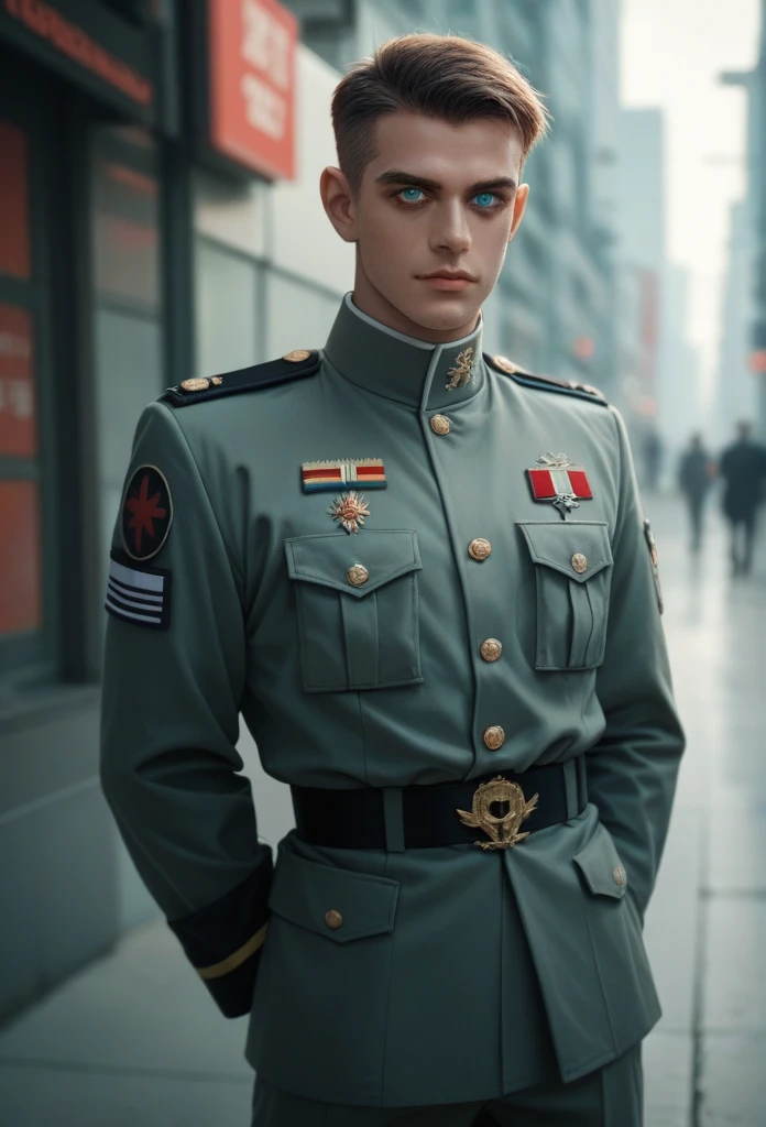 Man in germany military uniform, future, hands behind back, looks at the viewer, heterochromia, 32 years old