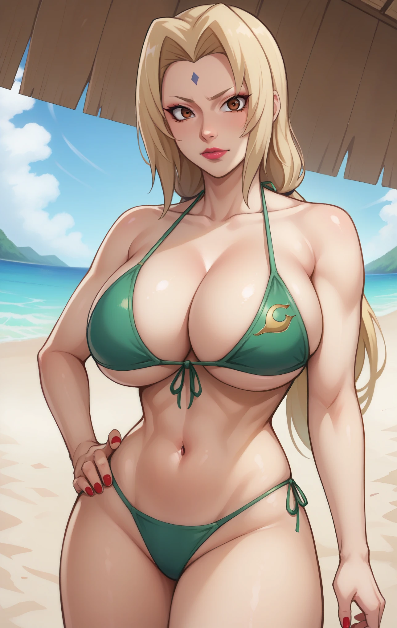 score_9, score_8_up, score_7_up, score_9, source_anime, BREAK   TsunadeSDXL, 1girl, solo, long hair, breasts, looking at viewer, blonde hair, navel, cleavage, brown eyes, collarbone, swimsuit, bikini, outdoors, sky, day, cloud, nail polish, huge breasts, super thin waist, blue sky, hand on hip, makeup, ocean, facial mark, beach, lipstick, front-tie top, red nails, mature female, forehead mark, green bikini, tsunade (naruto)