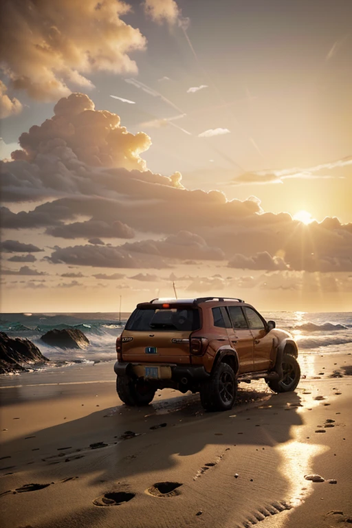 A stunning sunset over a beach with a 4X4 vehicle at the water's edge, 4K resolution, high-definition, realistic, photorealistic, vibrant colors, dramatic lighting, cinematic, dynamic composition, detailed environment, sand, waves, sky, clouds, detailed 4X4 vehicle, deep shadows, warm tones, golden hour GTA 5