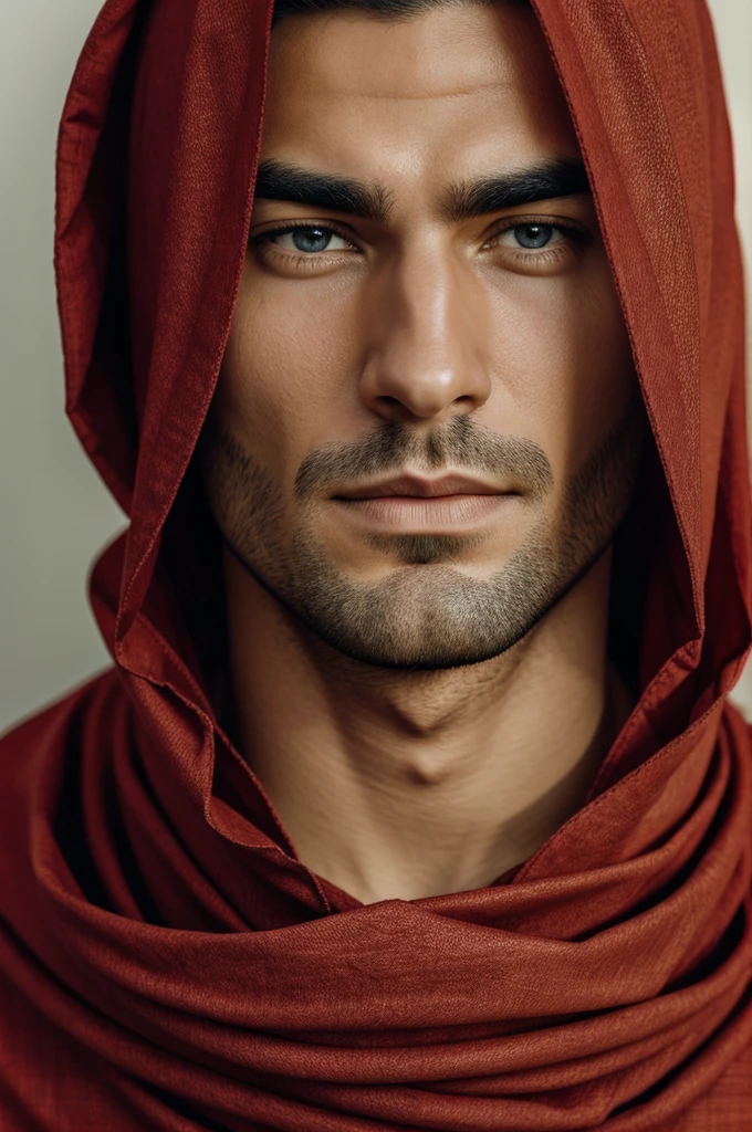 A male face covered with something red fabric