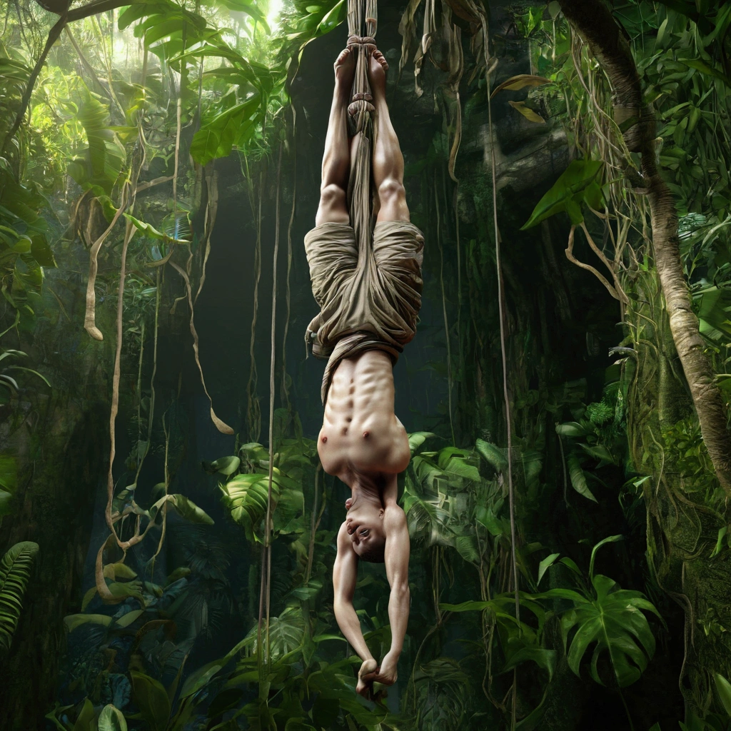 human bodies, hanging upside down in the jungle, ultrarealistic, highly detailed, 4k