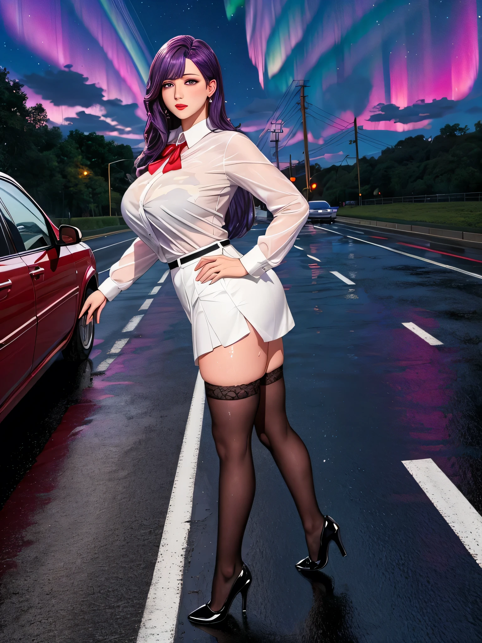 office lady, high resolution, Masterpiece, Anatomically correct, Highly detailed, realistic textures, blushing, dark purple hair, , big breasts, BIG ASS, purple eyes, woman is salking on street, night sky, aurora backgroung, white shirt, short skirt, full body, Embarrassed, serious, Sparkling eyes, Contemptuous look, red lips, Big eyes, secretary uniform, sexy lady, rain, shadow on the road, lion on electricity post, Wet shirt, diamond eyes, wear black stocking, Embarrassed, A thin smile., looking at the audience, with a catเลียปาก, long hair, I put my hair behind one ear., long hair