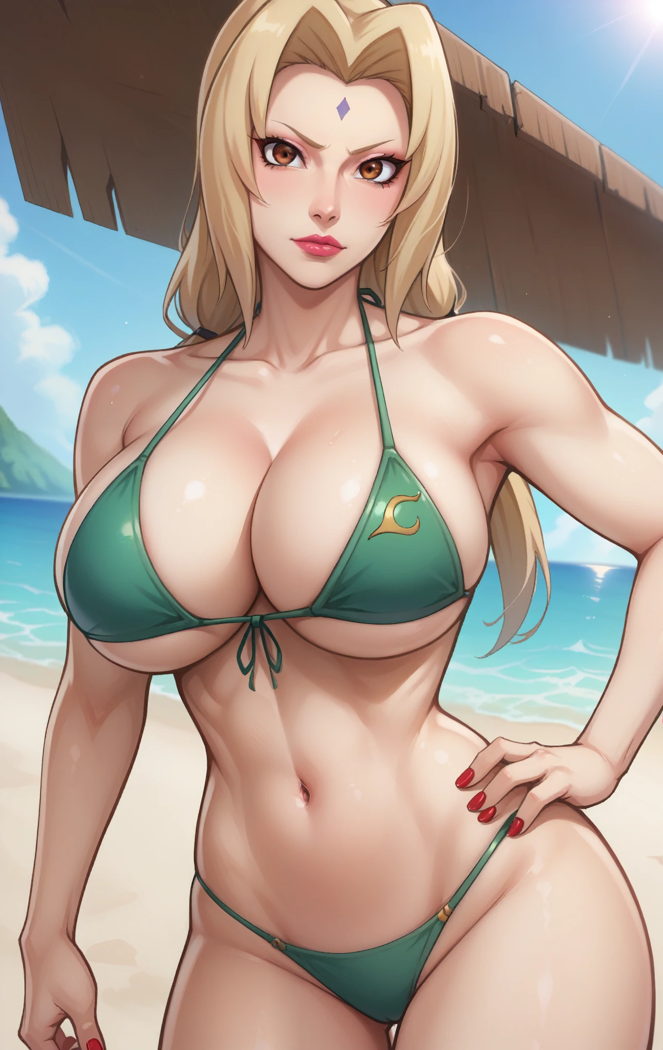 score_9, score_8_up, score_7_up, score_9, source_anime, BREAK   TsunadeSDXL, 1girl, solo, long hair, breasts, looking at viewer, blonde hair, navel, cleavage, brown eyes, collarbone, swimsuit, bikini, outdoors, sky, day, cloud, nail polish, huge breasts, super thin waist, blue sky, hand on hip, makeup, ocean, facial mark, beach, lipstick, front-tie top, red nails, mature female, forehead mark, green bikini, tsunade (naruto)