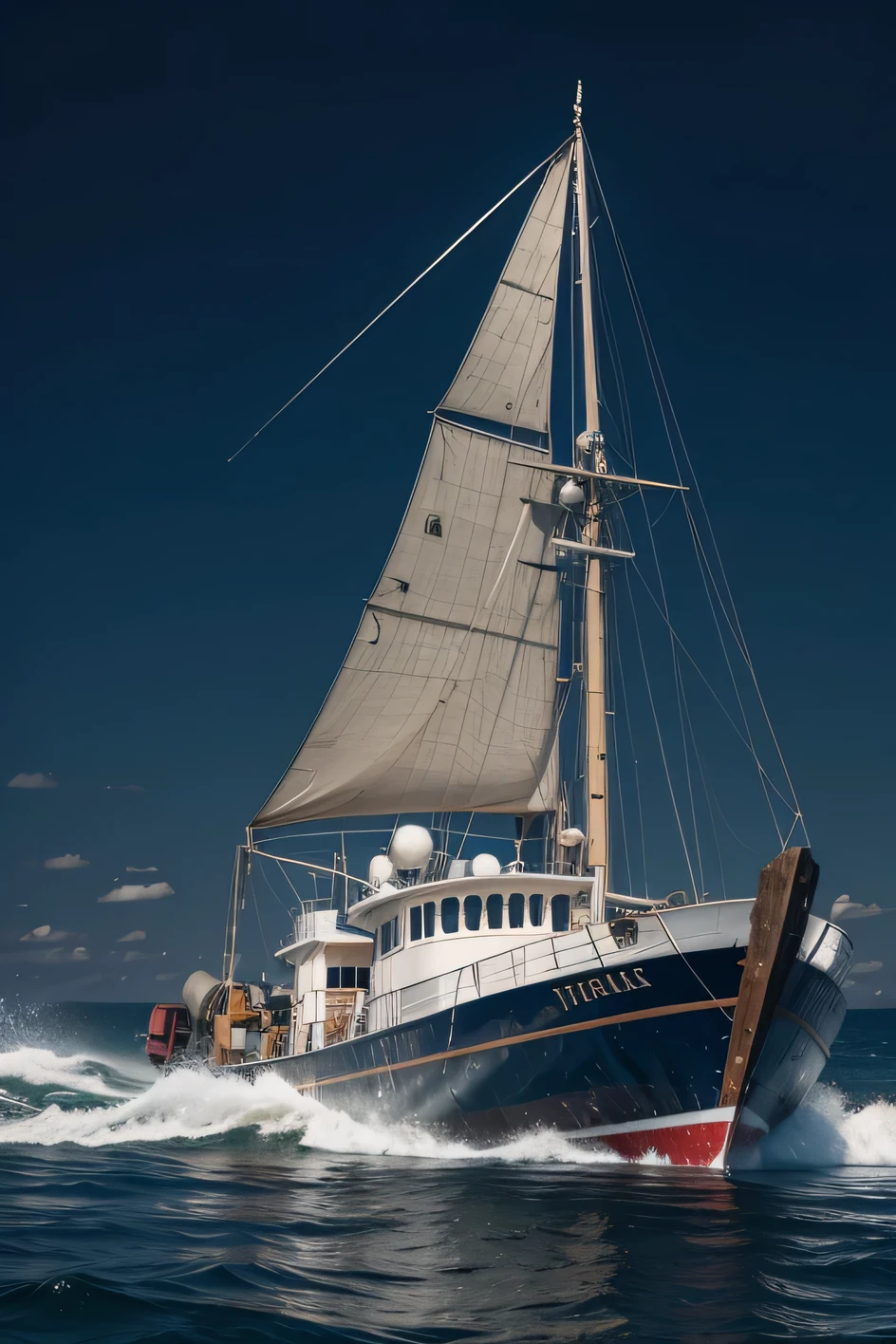 Traditional fishing boat powered by an underwater turbine to generate energy with secondary generators coupled to convert kinetic energy into electrical energy, all this in a single generator
