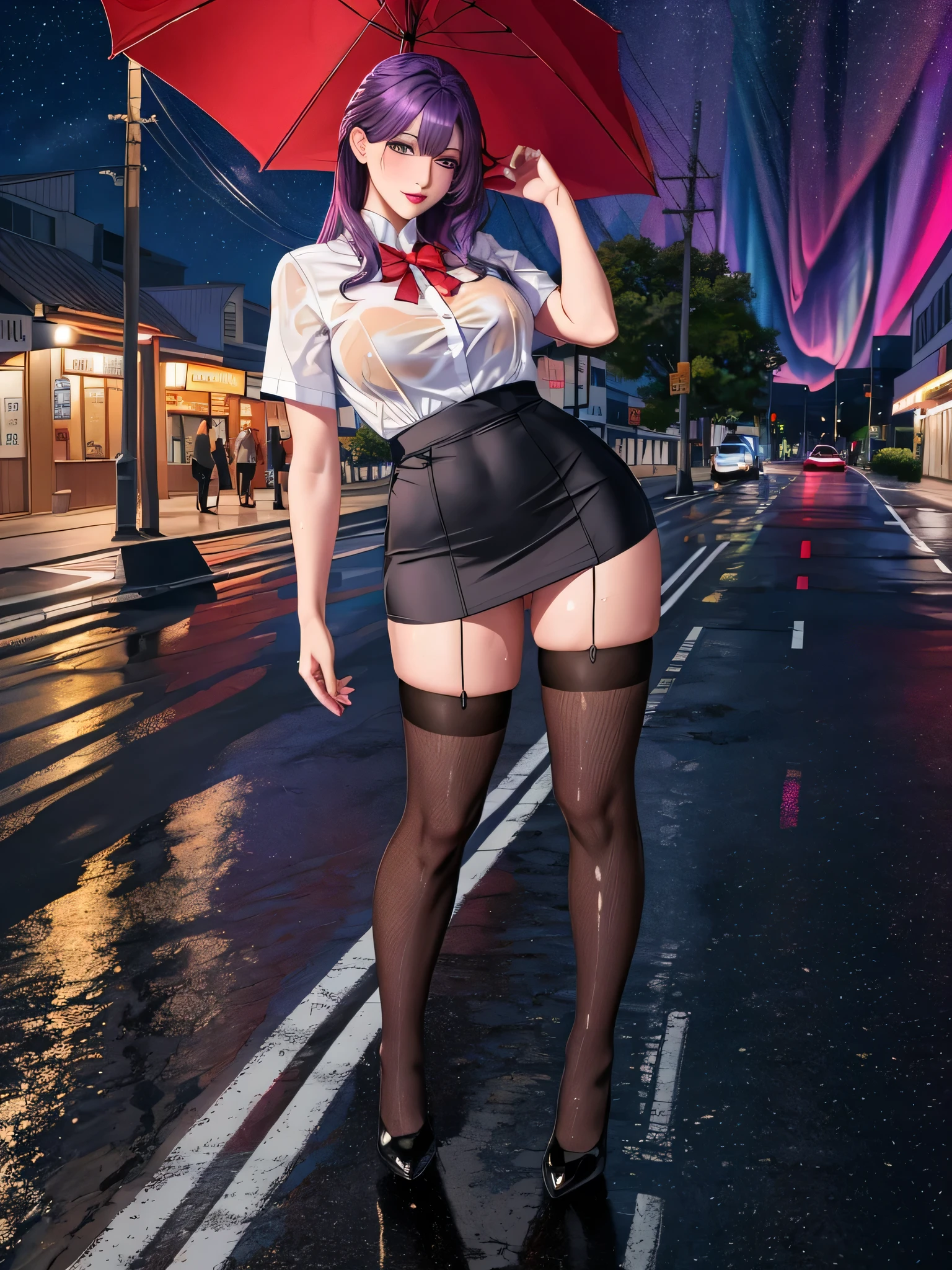 office lady, high resolution, Masterpiece, Anatomically correct, Highly detailed, realistic textures, blushing, dark purple hair, , big breasts, BIG ASS, purple eyes, woman is salking on street, night sky, aurora backgroung, white shirt, short skirt, full body, Embarrassed, serious, Sparkling eyes, Contemptuous look, red lips, Big eyes, secretary uniform, sexy lady, rain, shadow on the road, lion on electricity post, Wet shirt, diamond eyes, wear black stocking, Embarrassed, A thin smile., looking at the audience, with a catเลียปาก, long hair, I put my hair behind one ear., long hair