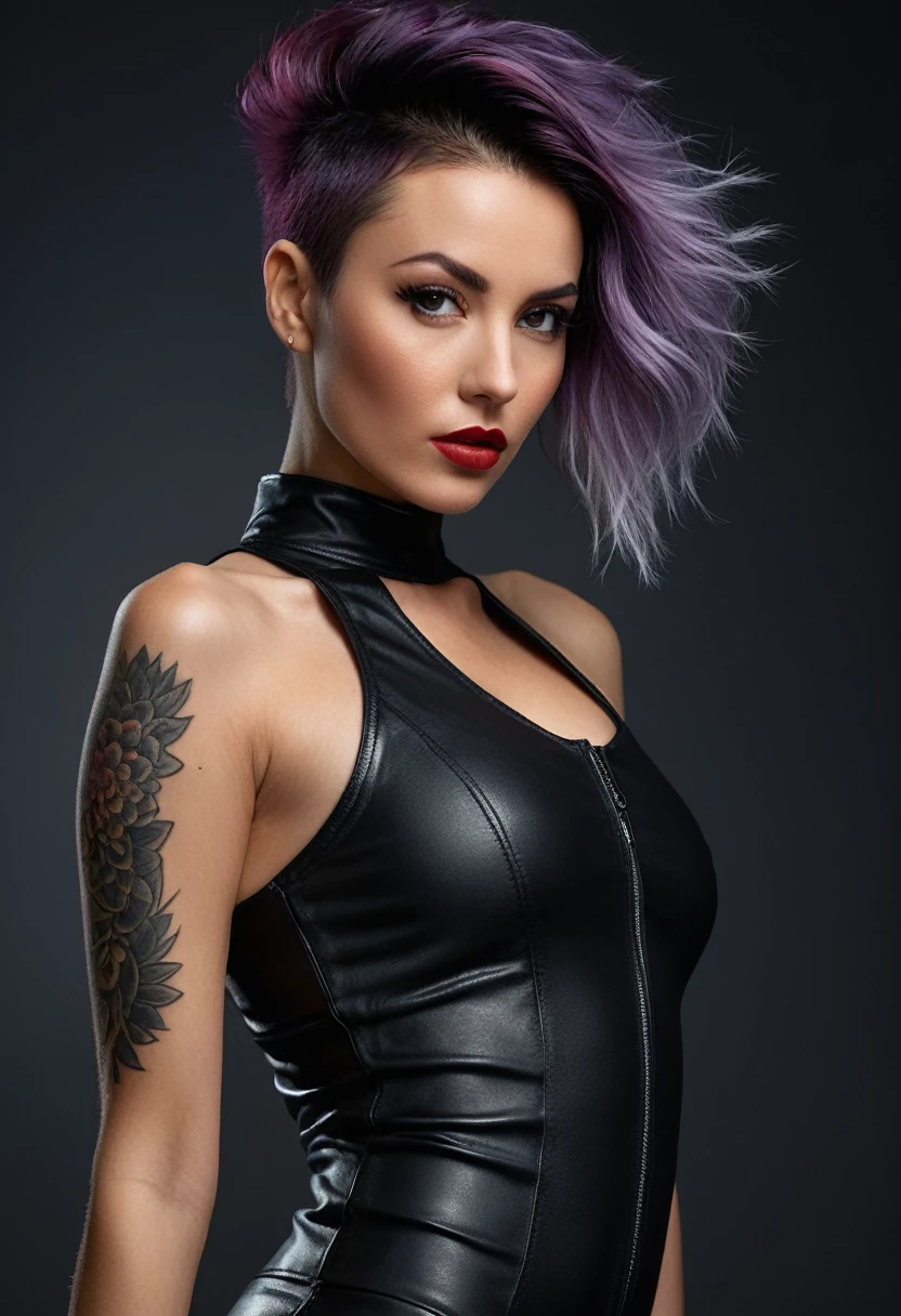 Best Quality, Ultra-High Definition, 8K Resolution, 32K Resolution, Masterpiece, High Detail, Ultra-Detailed, Photorealistic, Hyper-Realistic, Extremely Detailed, shot on Nikon D850, High Fidelity, Crisp Details, Sharp Focus, Realistic Textures, Intricate Details, Highly Detailed Eyes, Realistic Skin Texture, Beautiful photograph, intricate details, full body shot back shot, Icelandic woman, age 32, skinny, small breasts, with cyberpunk hairstyle features clad in a intricate skintight provocative outfit, tattoos, facing the camera, seductive and lustful, vivid colors, a mesmerizing blend of light and shadow, unique natural textures, vivid lipstick, expressive body language, fierce attitude, strong jawline, rock music vibes ,seductive, sharp eyebrow arches, dark nail polish, confident posture, sensual movements, smoky atmosphere curious, skilful, from behind,