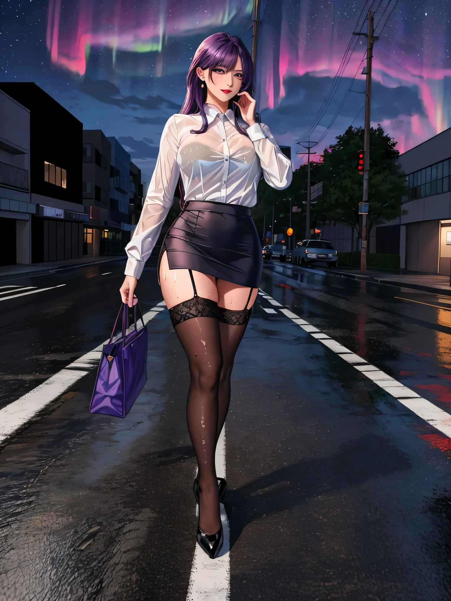 office lady, high resolution, Masterpiece, Anatomically correct, Highly detailed, realistic textures, blushing, dark purple hair, , big breasts, BIG ASS, purple eyes, woman is salking on street, night sky, aurora backgroung, white shirt, short skirt, full body, Embarrassed, serious, Sparkling eyes, Contemptuous look, red lips, Big eyes, secretary uniform, sexy lady, rain, shadow on the road, lion on electricity post, Wet shirt, diamond eyes, wear black stocking, Embarrassed, A thin smile., looking at the audience, with a catเลียปาก, long hair, I put my hair behind one ear., long hair