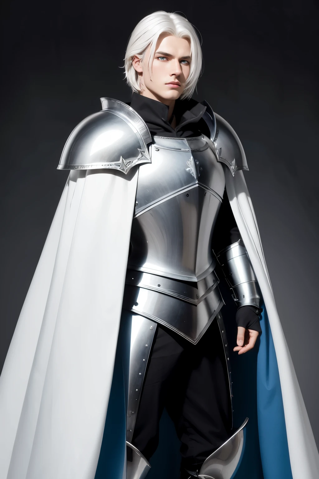 A medieval male knight with 2 swords white hair blue eyes white eyebrows and eyelashes physical size of 1,85 black full body armor, the armor has a cape that covers one of the shoulders and the 