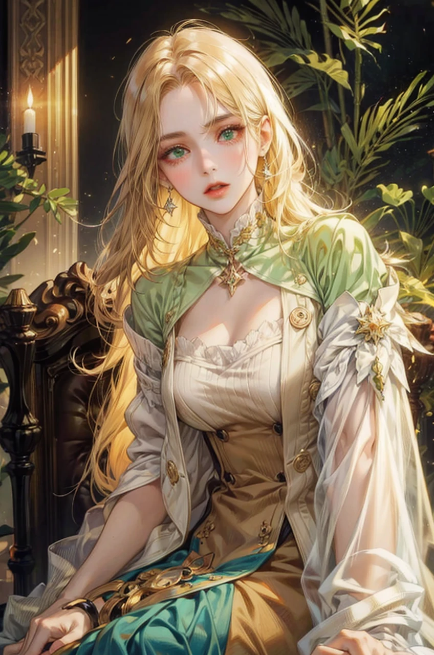 Noble woman, Caucasian skin, long face, greeneyes, honey colored hair, With closed clothes