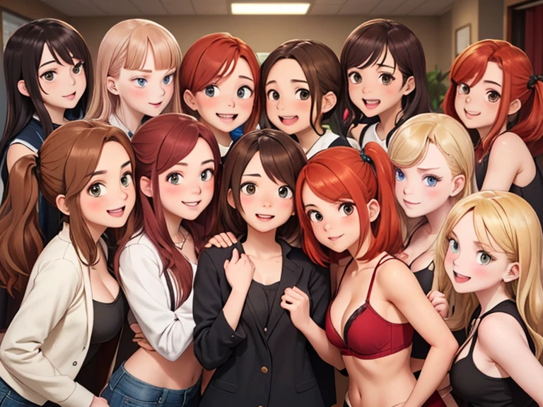(Best quality, masterpiece), group photo of 8 very different beautiful students, dorm party, alcohol, different emotions, different facial expressions, stubborn drunk girls, various poses, Different hair colors(among them there is only one red-haired character, 3 blondes, 2 brown-haired and 2 brunettes), Different hairstyles, different hair lengths, different eye colors, Different physiques, Different breast sizes, (there is definitely 1 flat chested asian brunette + 1 muscular blonde with short hair + 1 long-haired redhead girl + 1 brunette hippie with pigtails + 1 brown-haired with a flat chest + 1 short round brown-haired woman), graduation photo album, beautiful faces, upper body