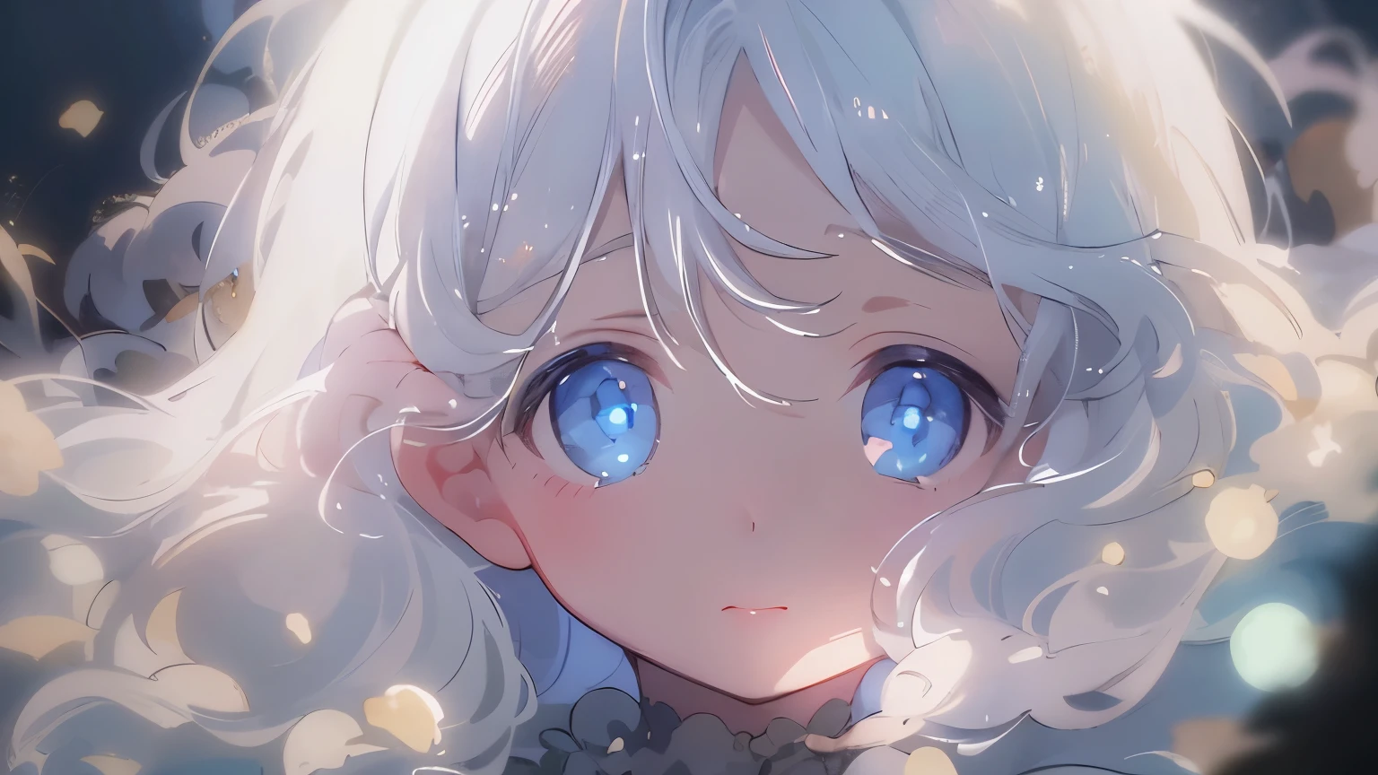 Absurd, High resolution, (Anime Style:1.1), ((Tabletop)), ((Highest quality)), (Very detailed), (beautiful), alone, beautiful face、Bokeh Photo, (Soft Focus:1.2),
Out of focus highlights, Dreamy atmosphere,
Shining Circle, Fascinating Depth,Made in Abyss、blue eyes、White Hair