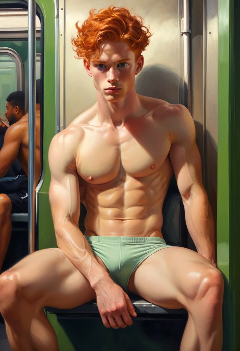 He is sitting on the subway watching a shirtless, barefoot black boy masturbing fullbody image,(( view from above)) full body, oil painting vista desde atras, obra maestra, mejor calidad, Alta resolución, primer retrato, enfoque masculino, Solo enfoque, fullbody image,(( view from the behind)) full body, oil painting A young man, white skin, ginger, barbed, hairy body, thin face, straight nose, thin lips, square chin, large light green eyes, short red wavy hair, in roberto ferri style, aesthetic slim athletic body, ginger realistic skin, gorgeous, detailed tonned muscles, barefoot, perfect anatomy, muscled fitness body, Young man, perfect anatomy, , energetic splendid, Barefoot, naked, small flacid penis, slim and detailed muscles, shirtless, pantless, fullbody, wearing sandals, the composition of shadows and lights give an atmosphere of spaciousness,
