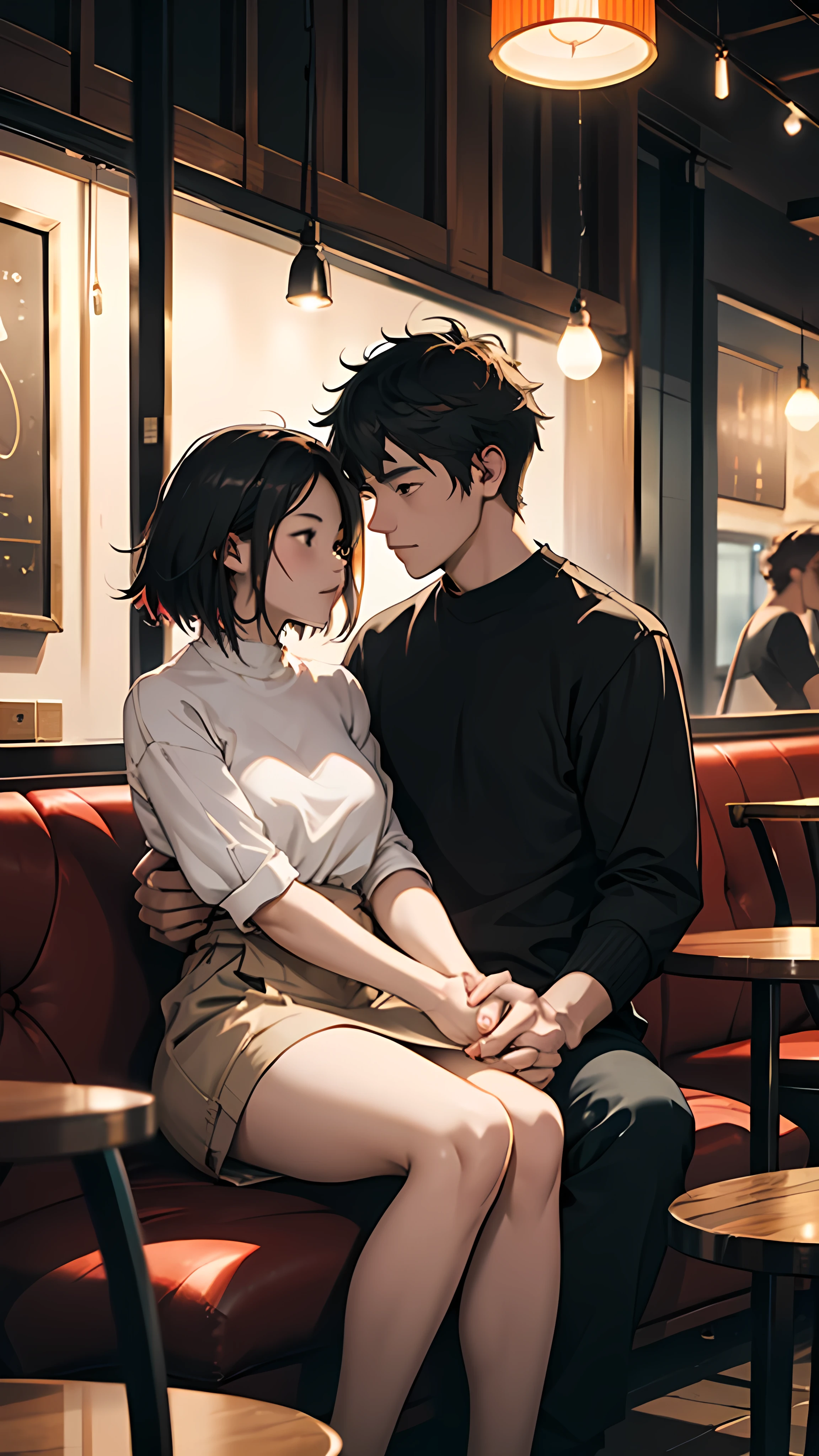 a young man with dark brown hair sitting playing video games in a living room at night hugging a young woman with short black hair sitting between the young man's legs