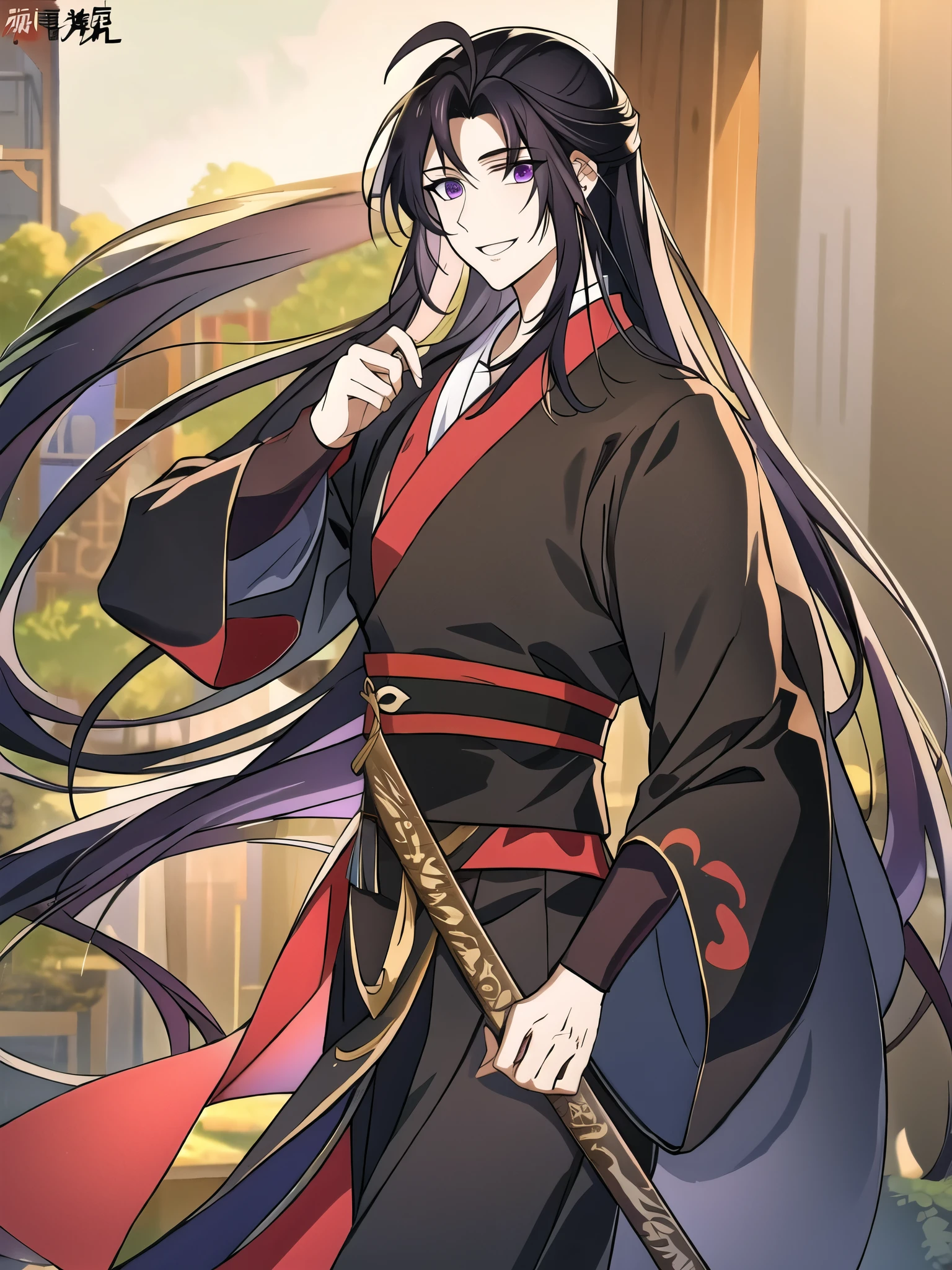 (masterpiece, best quality: 1.2), 1 male, 18 years old, solo, wei wuxian, mo dao zu shi, mdzs, black-red-purple clothes, purple eyes, long flowing black-purple ombre hair, perfect anatomy