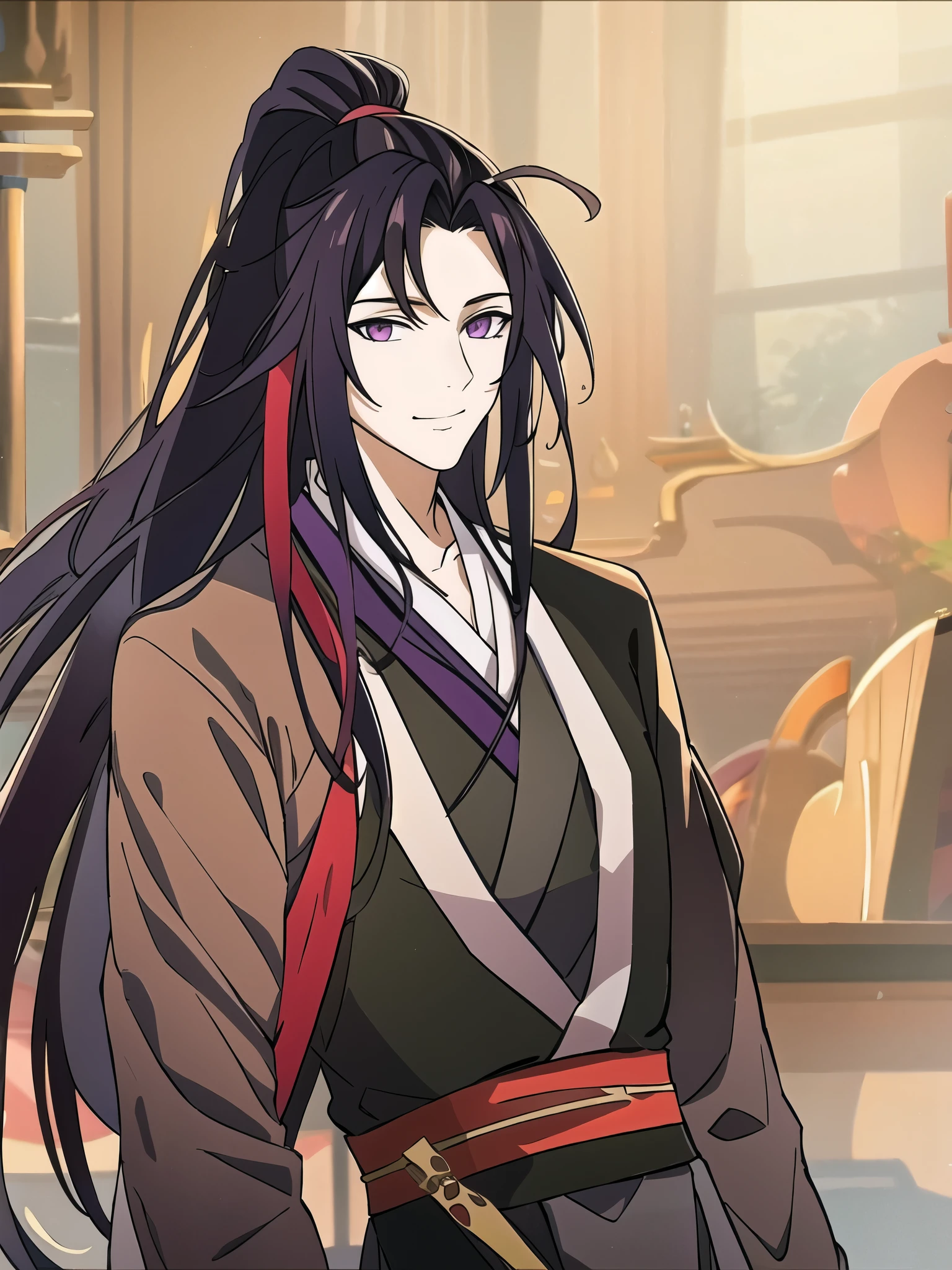 (masterpiece, best quality: 1.2), 1 male, 18 years old, solo, wei wuxian, mo dao zu shi, mdzs, black-red-purple clothes, purple eyes, long flowing black-purple ombre hair, perfect anatomy