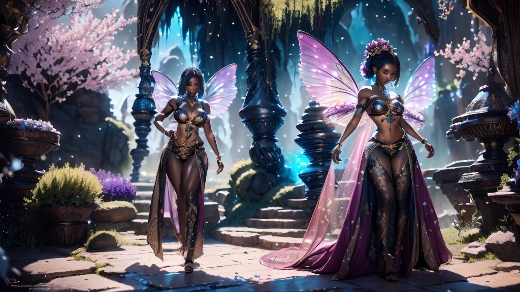 "1 beautiful black fairy woman with African ethnicity. A stunning, ethereal depiction of a mesmerizing Flower Fairy in a fantasy realm. The fairy has delicate wings and is adorned in vibrant floral attire., radiating an unearthly glow. doggystile, surreal, TESO, Panas, highy detailed, Spitz, proffesional, 8k hd, twilight, film, tenebrosa, violent, plein-air, Riu, buttler, chase, Dramatic, vivid, Clima TESO, rendered, epic, twilight, nffsw, Tiered, snowstorm, lightning, disaster