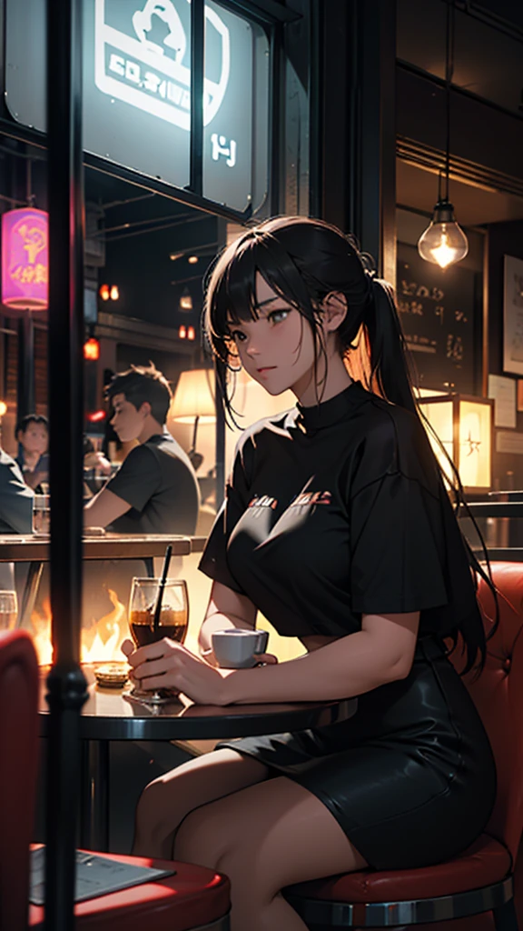 A young couple is sitting inside a cafe. The girl is wearing short clothes with, big hips, Colorful lights are burning in the cafe. Moody color, Sharpness