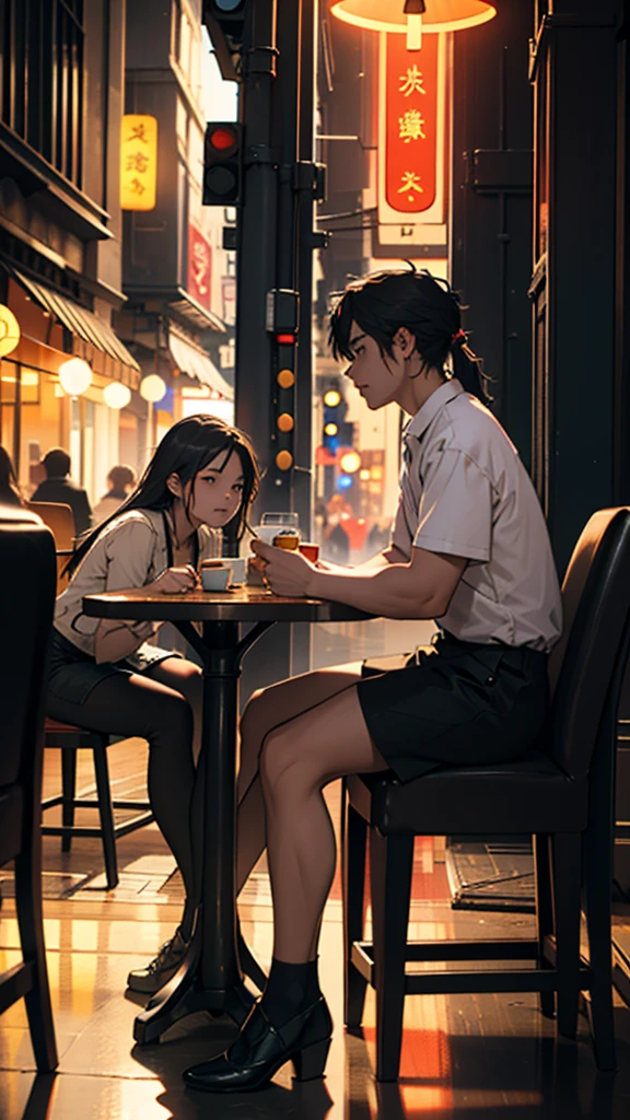 A young couple is sitting inside a cafe. The girl is wearing short clothes with, big hips,  Colorful lights are burning in the cafe. Moody color, Sharpness 