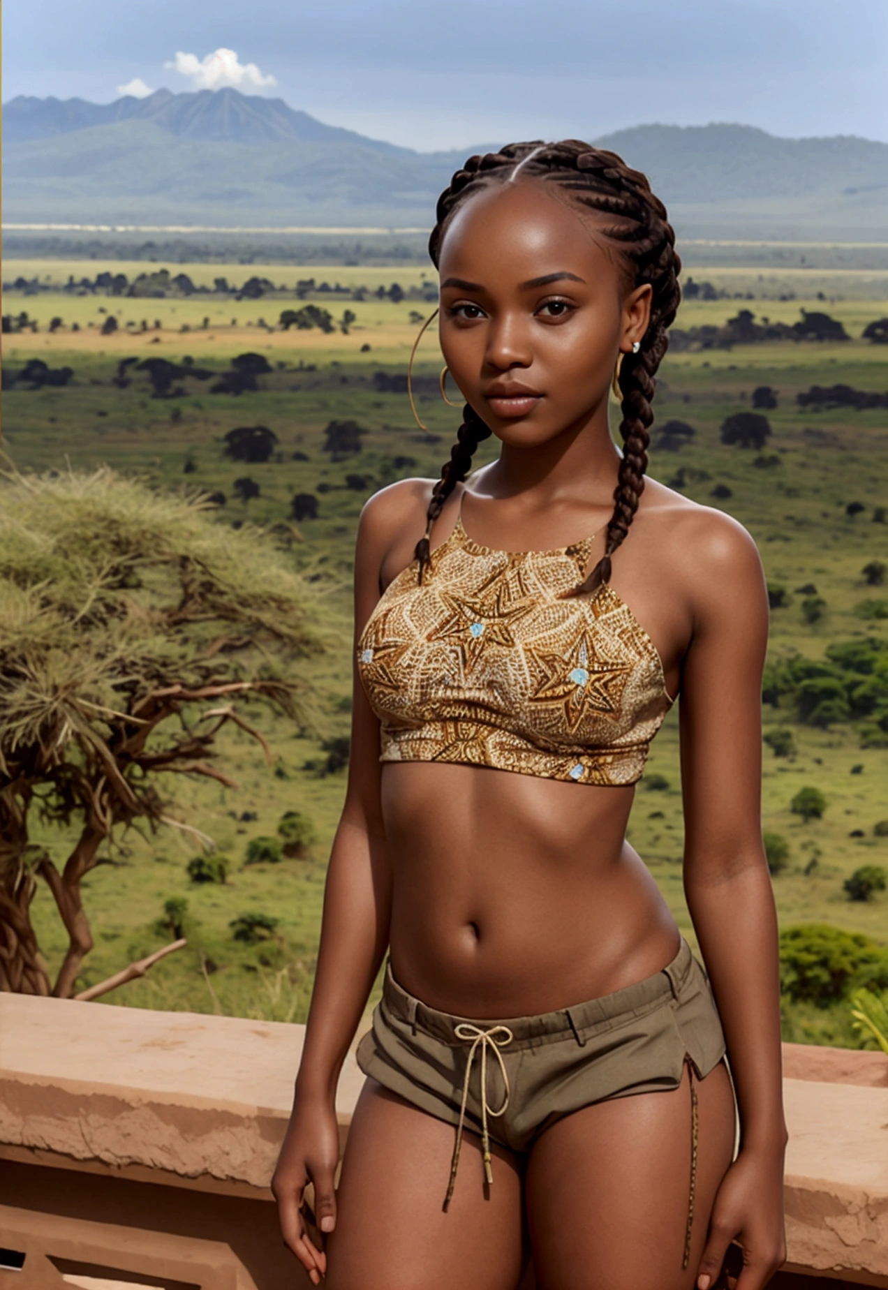 Beautiful 22 year old East African star with frame and small perky breasts standing and posing in safari gear in Kenyan savannah, t-shirt and shorts, braids, dark brown skin, mountains in background, full-body portrait hyperrealism