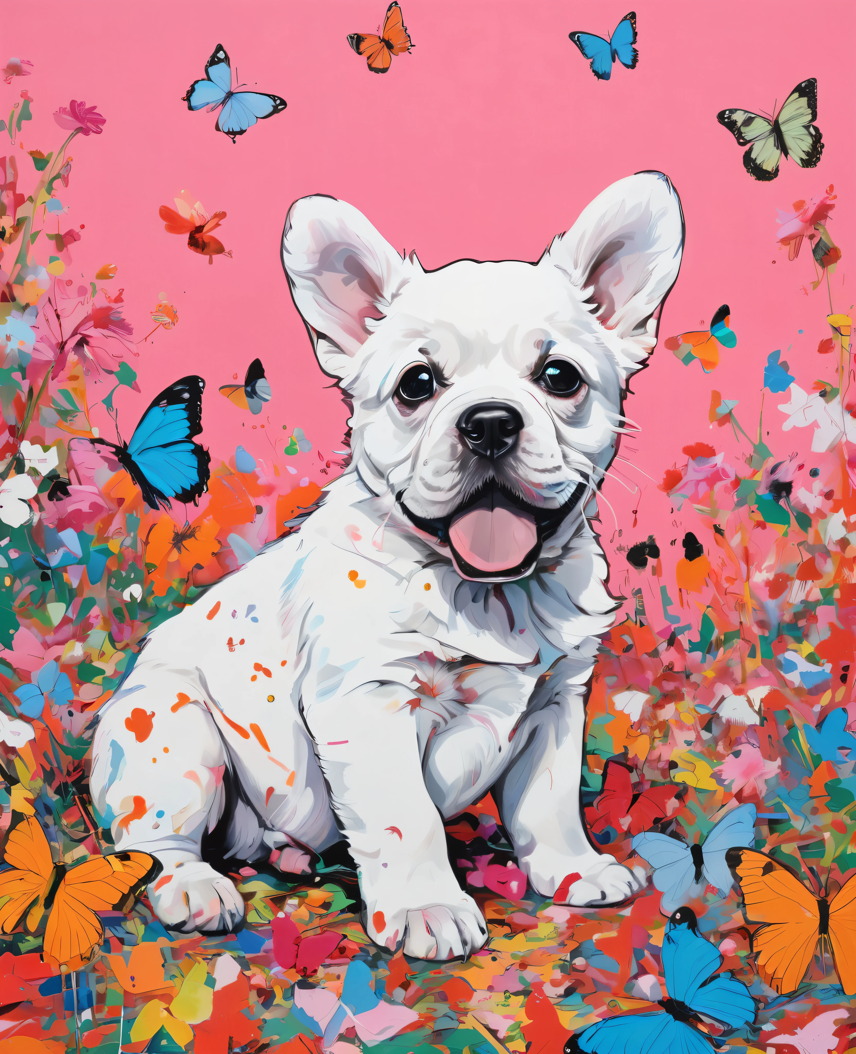 Graffiti, scribble, Comics by Petra Cortright, best quality, masterpiece, puppy surrounded with butterflies artwork, Representative work, official art, Professional, Ultra intricate detailed, 8k, puppy art, multicoloured background 